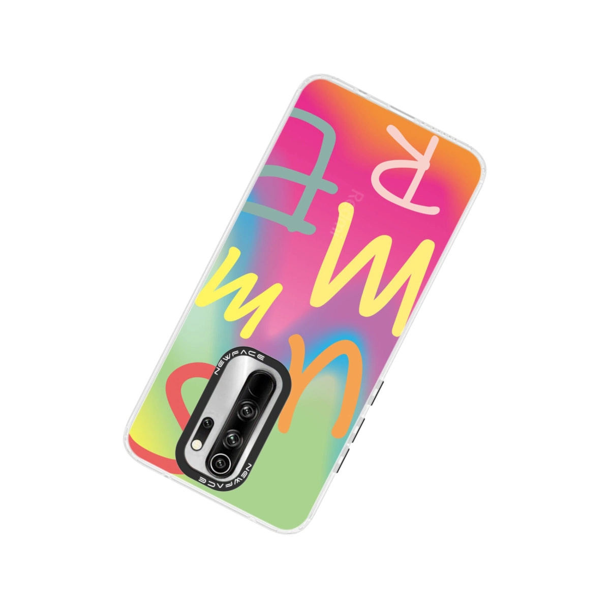 Renkli soyut sanata sahip telefon kılıfı, pembe, sarı, yeşil ve turuncu harfler ve şekiller içerir.