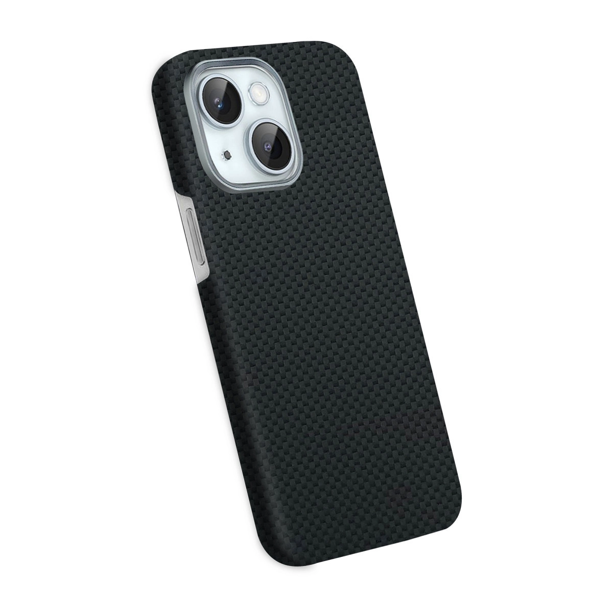 Karbon fiber desenli ve kamera açıklıklı siyah telefon kılıfı.