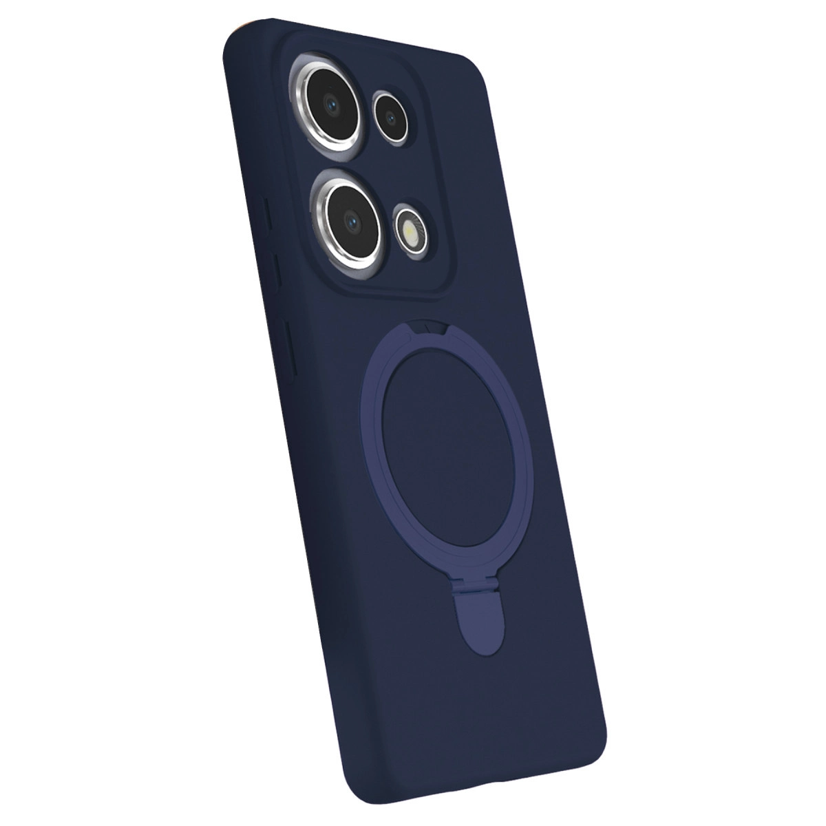 Kamera sistemli ve halka tutuculu lacivert telefon kılıfı.