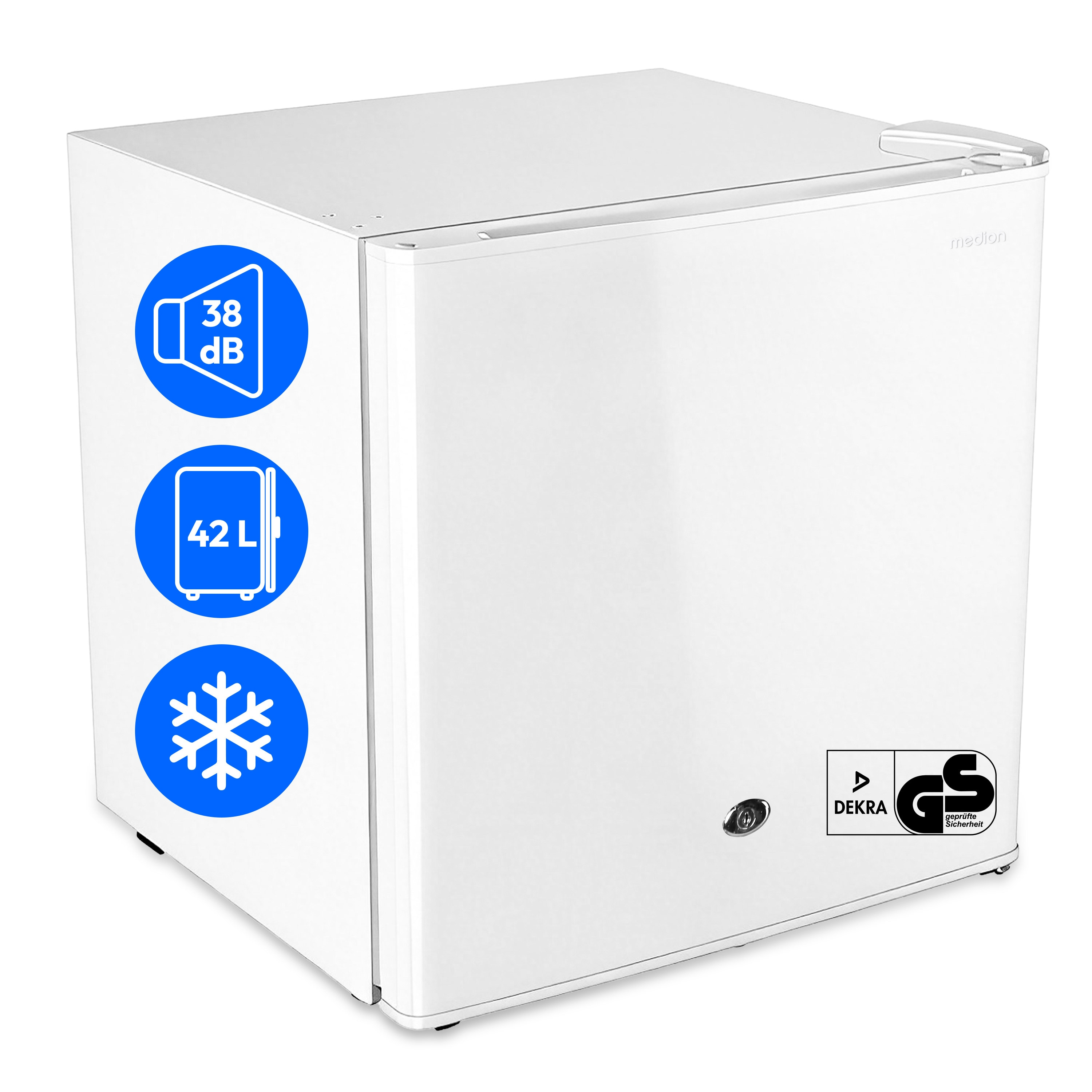 Weißer kleiner Kühlschrank mit blauen Symbolen für 38 dB, 42 L und Schneeflocke.
