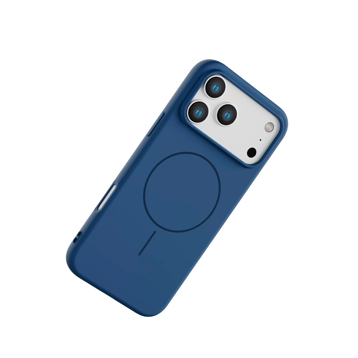 Üç kamera lensli ve dairesel desenli lacivert telefon kılıfı.