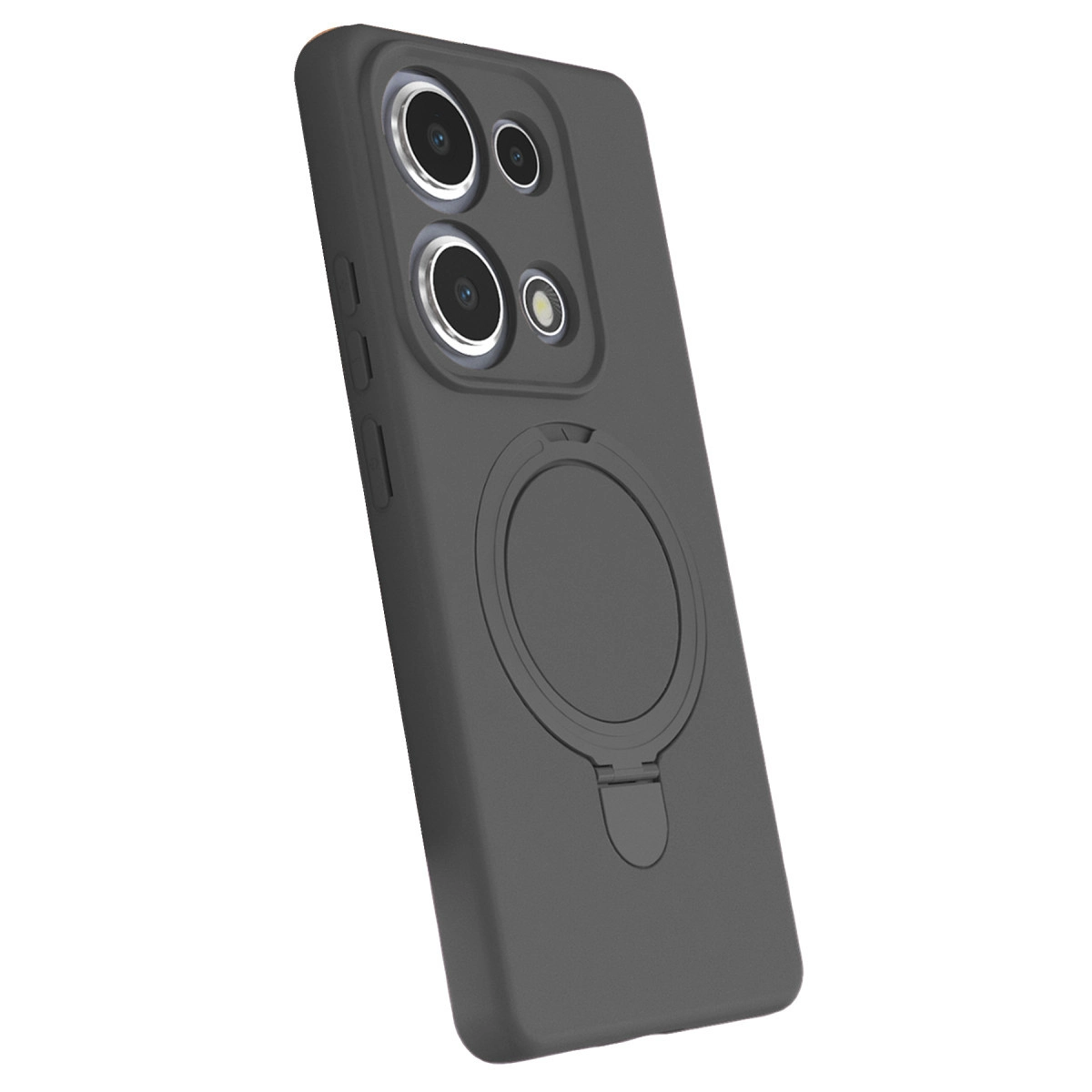 Halka tutuculu ve üç kamera lensli gri telefon kılıfı.