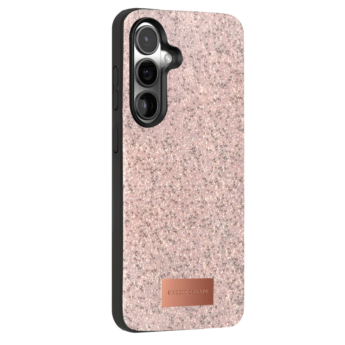 Kamera modülü ve logolu, pembe simli bir telefon kılıfı.