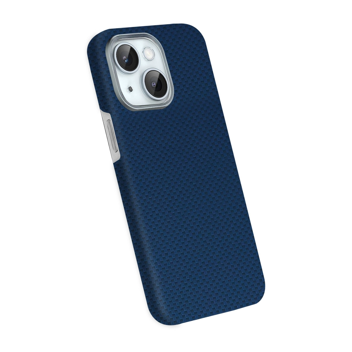 Doku dolu ızgara desenli ve gümüş kamera çerçeveli lacivert iPhone kılıfı.