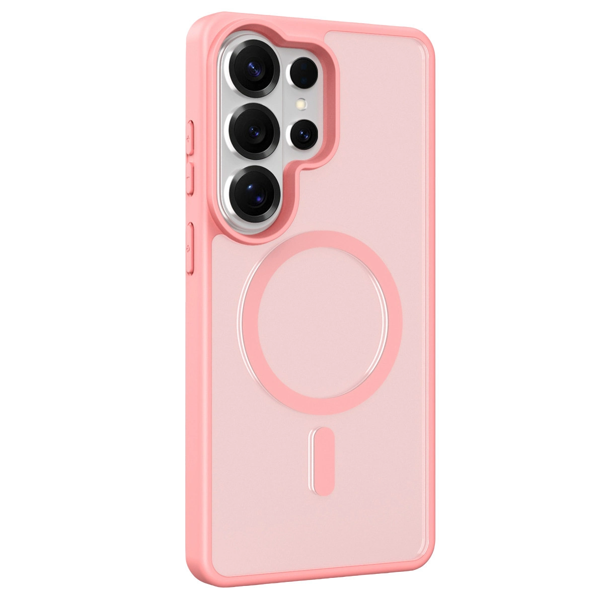 Kamera modülü ve manyetik halkalı pembe telefon kılıfı.