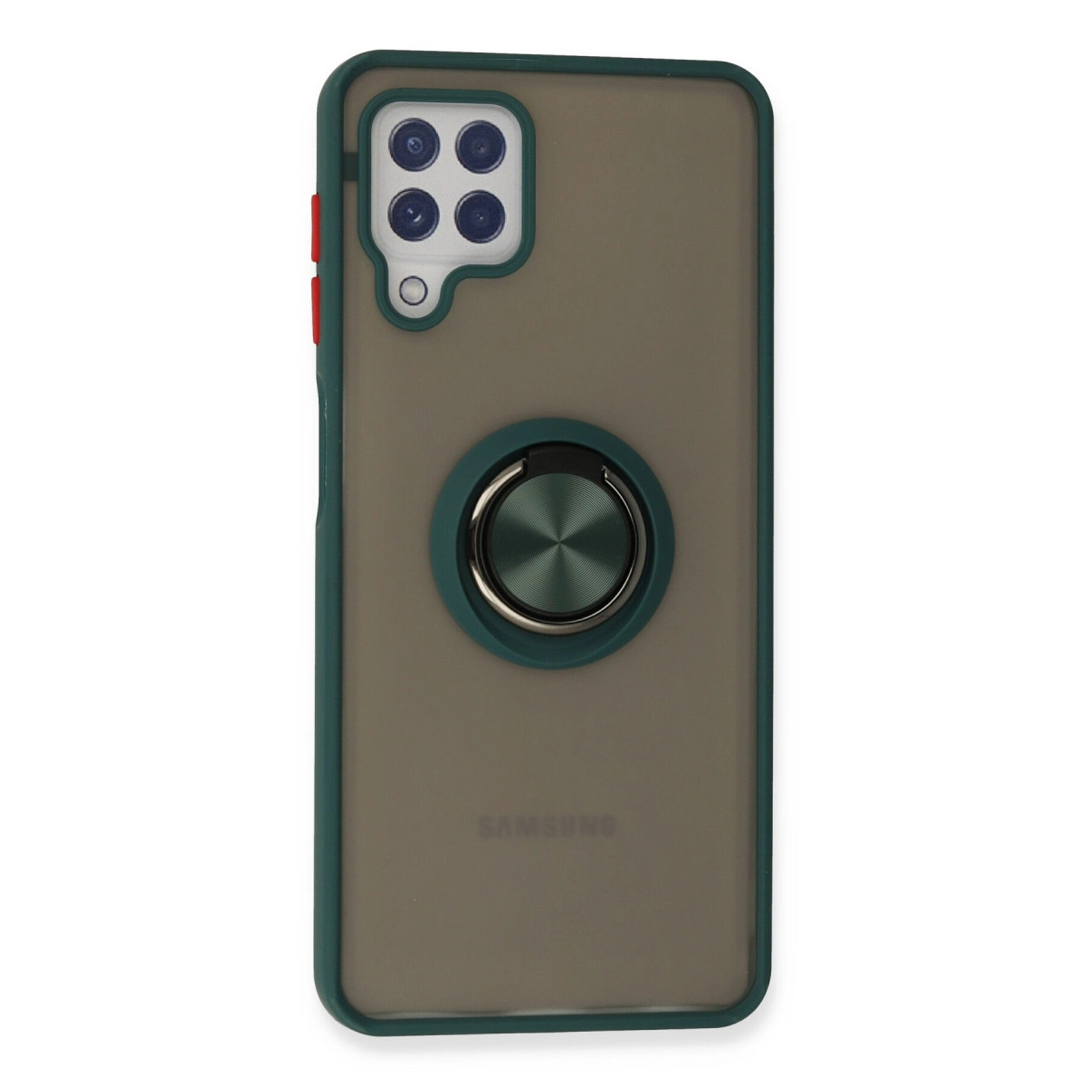 Mat arka, kamera modülü ve halka tutuculu koyu yeşil telefon kılıfı.