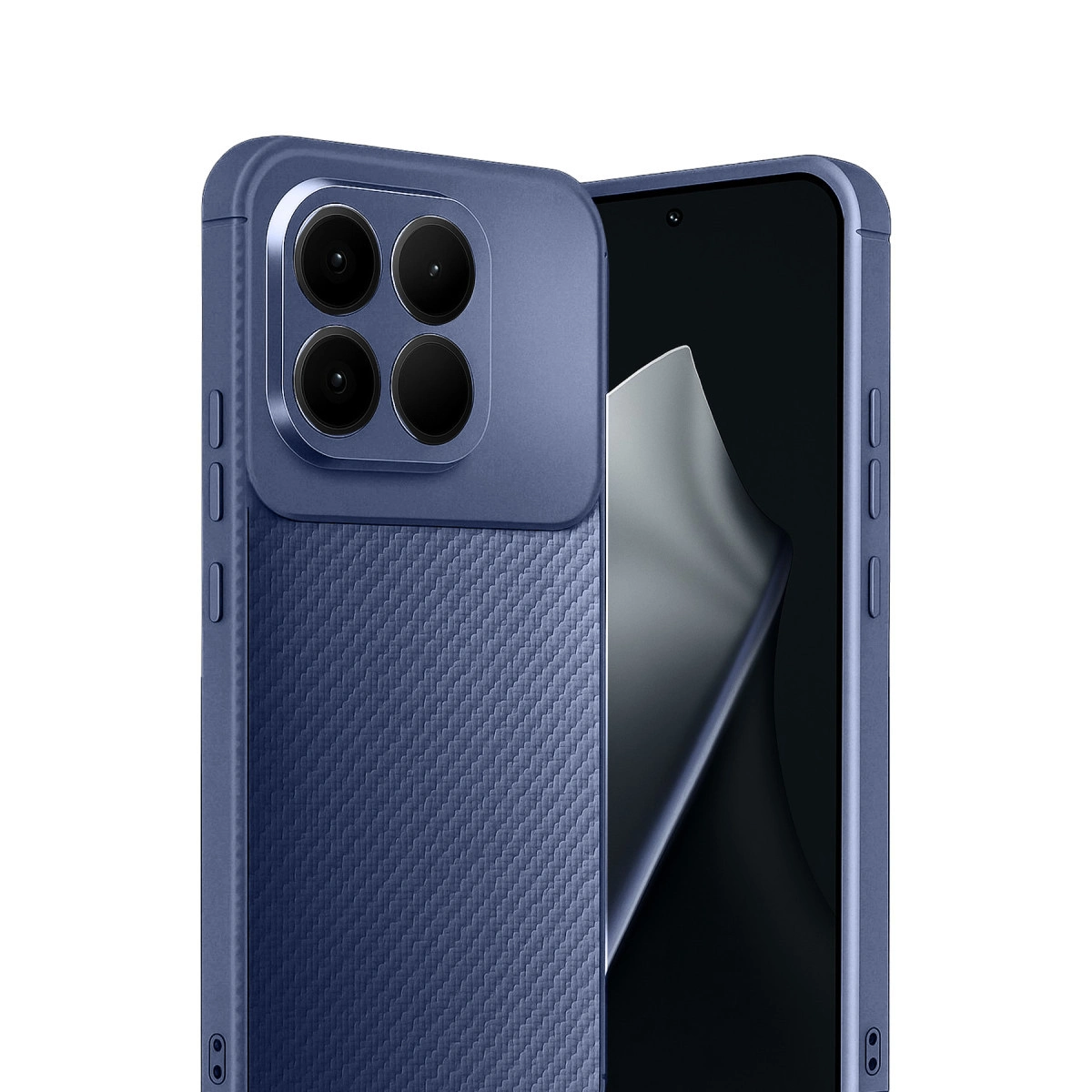 Dört kameralı mavi telefon, dokulu arka yüz, beyaz arka plan.