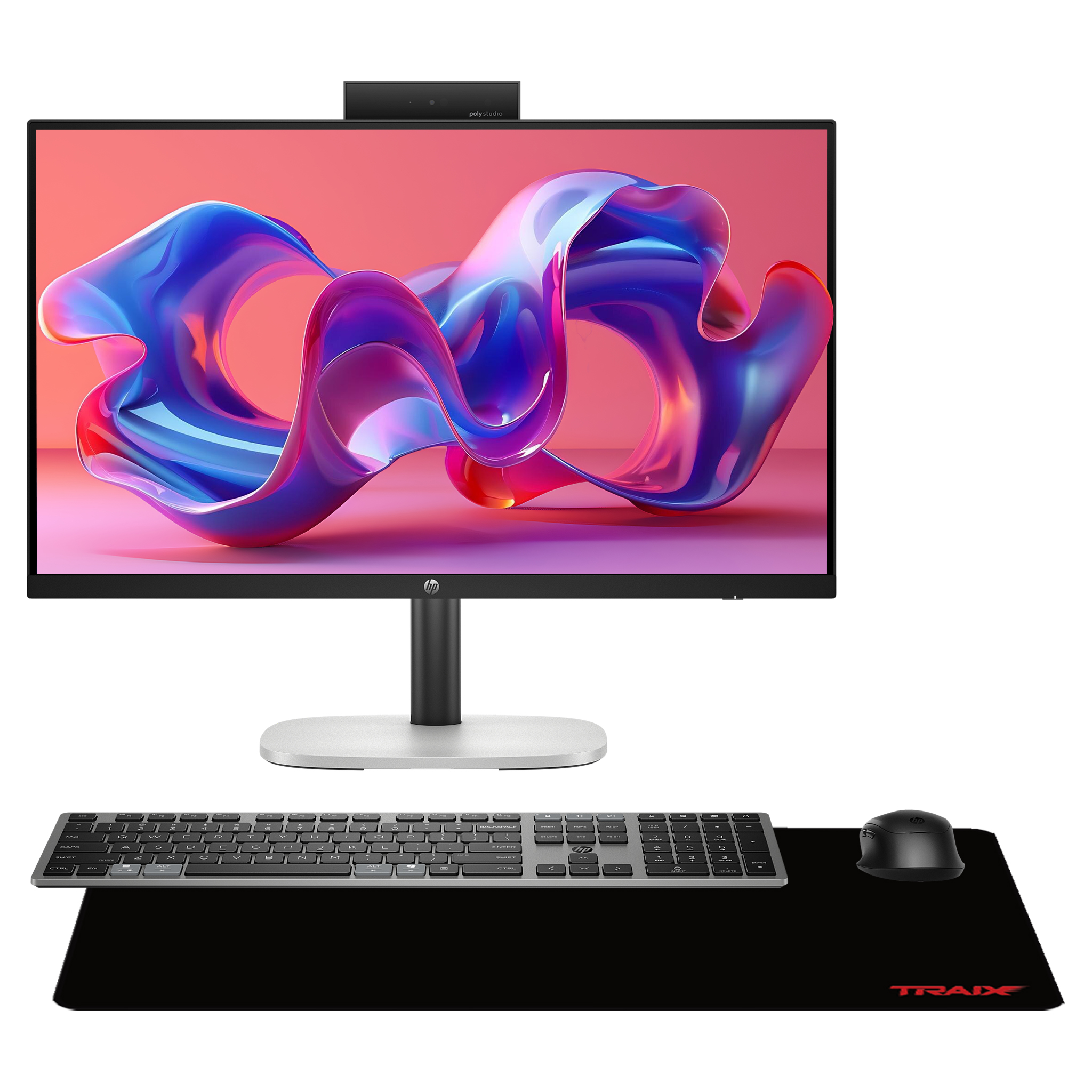 Monitör, klavye, fare ve mousepad içeren hepsi bir arada bilgisayar.