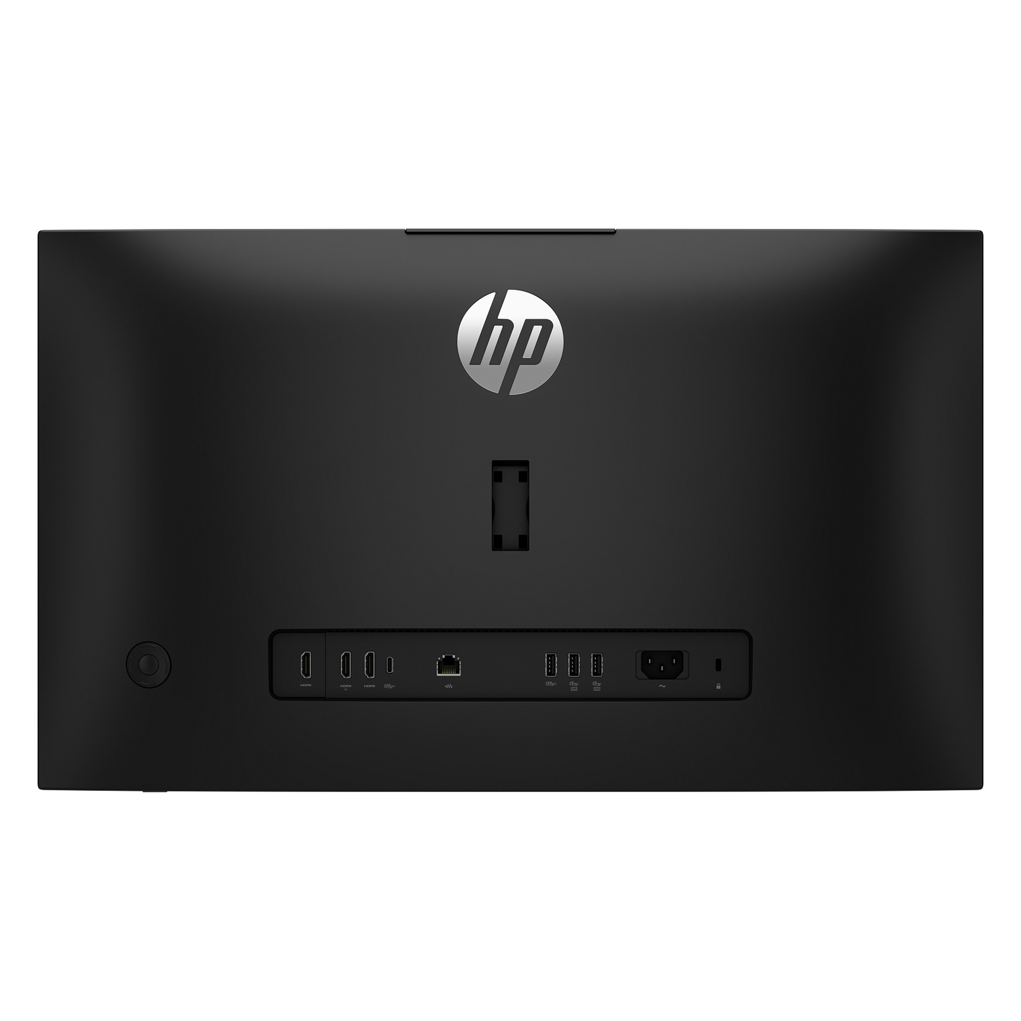 Bağlantı noktalarını ve HP logosunu gösteren siyah HP hepsi bir arada bilgisayarın arkası.
