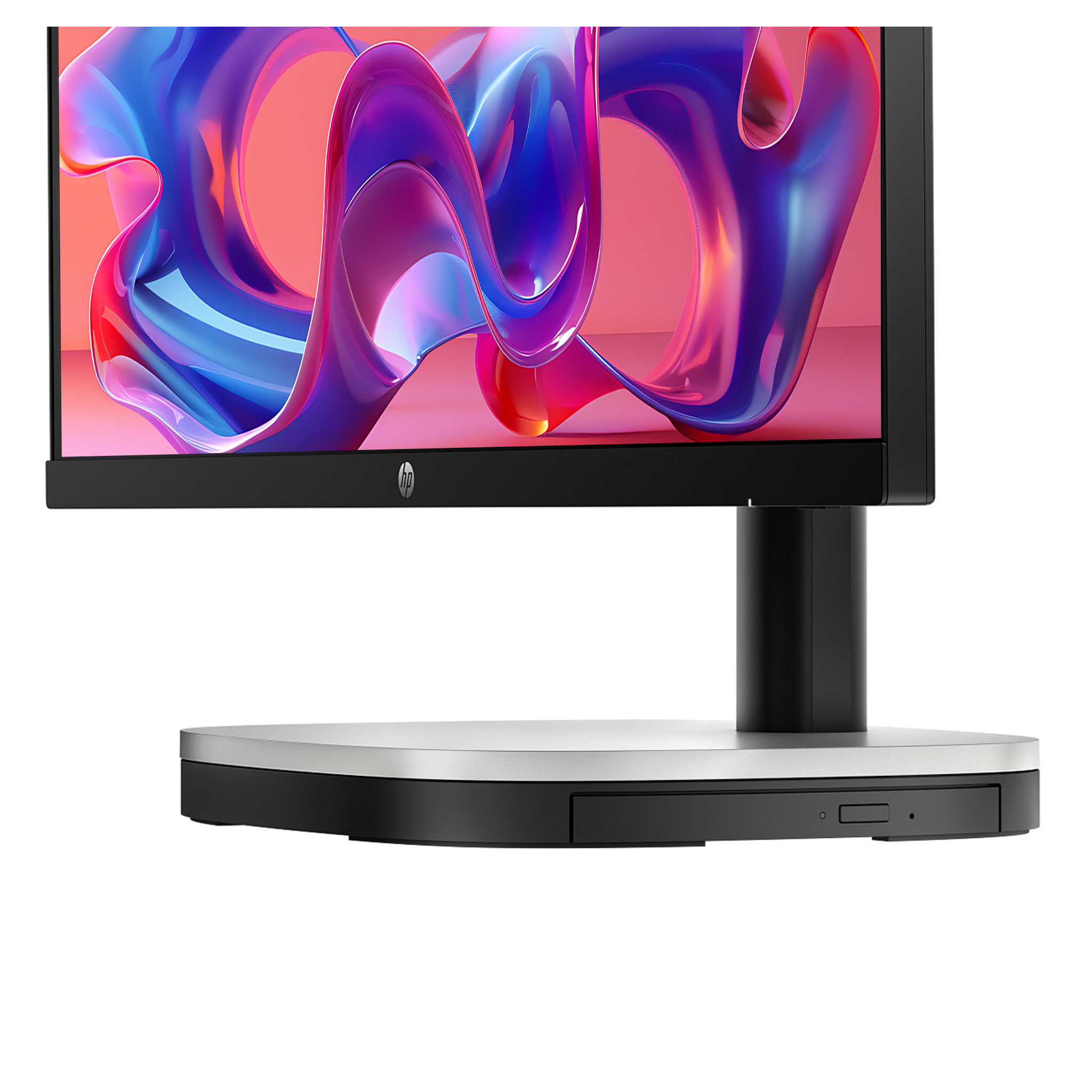 Modern bir HP monitör ekranında soyut, renkli bir girdap gösteriyor. Tabanı gümüş ve siyahtır.