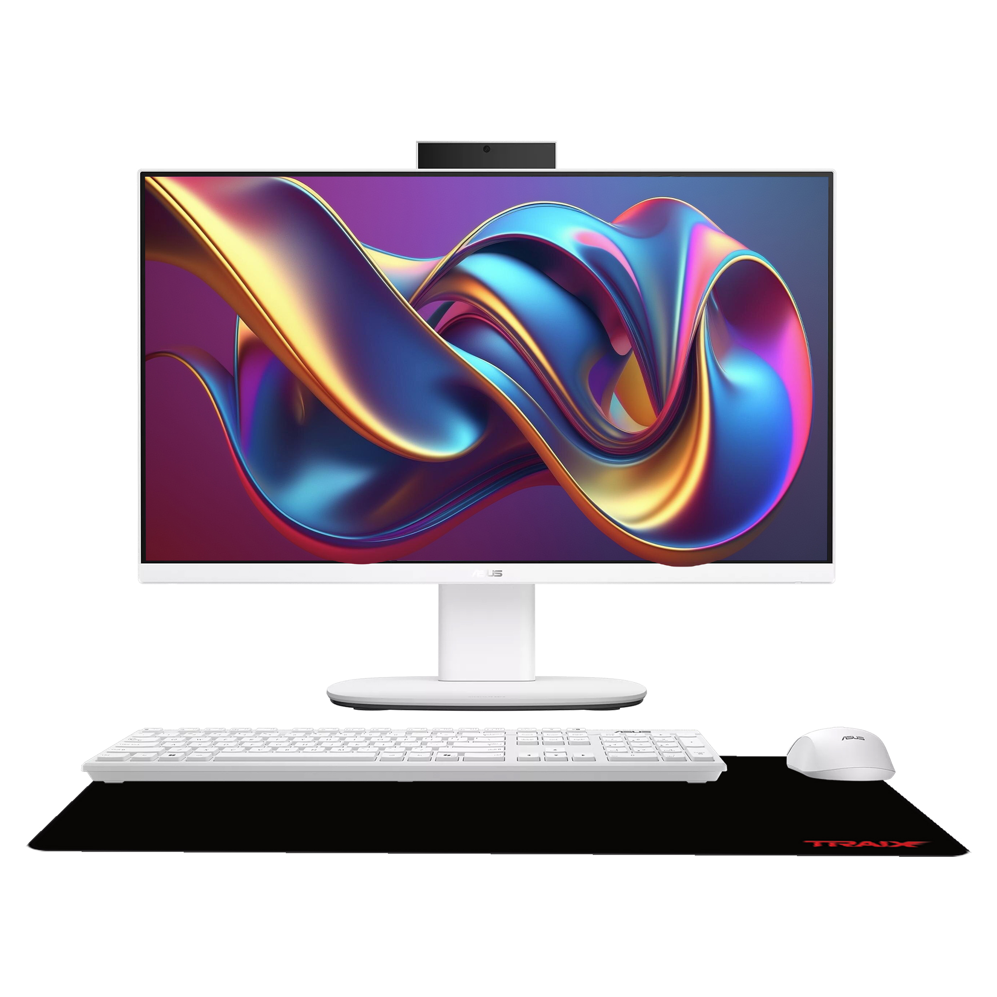 Beyaz arka plan üzerinde klavye, fare ve mousepad'li beyaz hepsi bir arada bilgisayar.