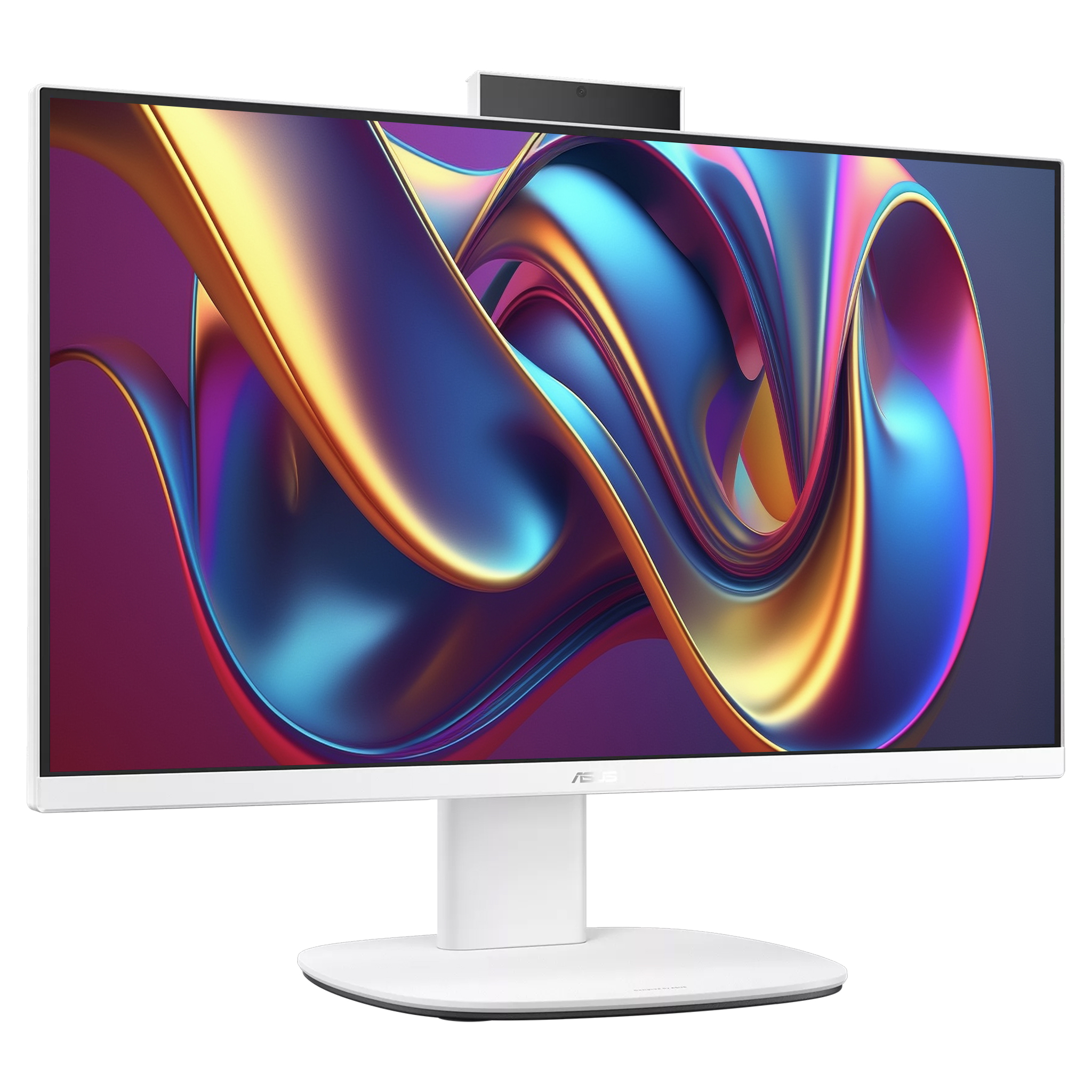 Beyaz bir ASUS monitör, üzerinde web kamerası bulunan renkli soyut bir duvar kağıdı gösteriyor.