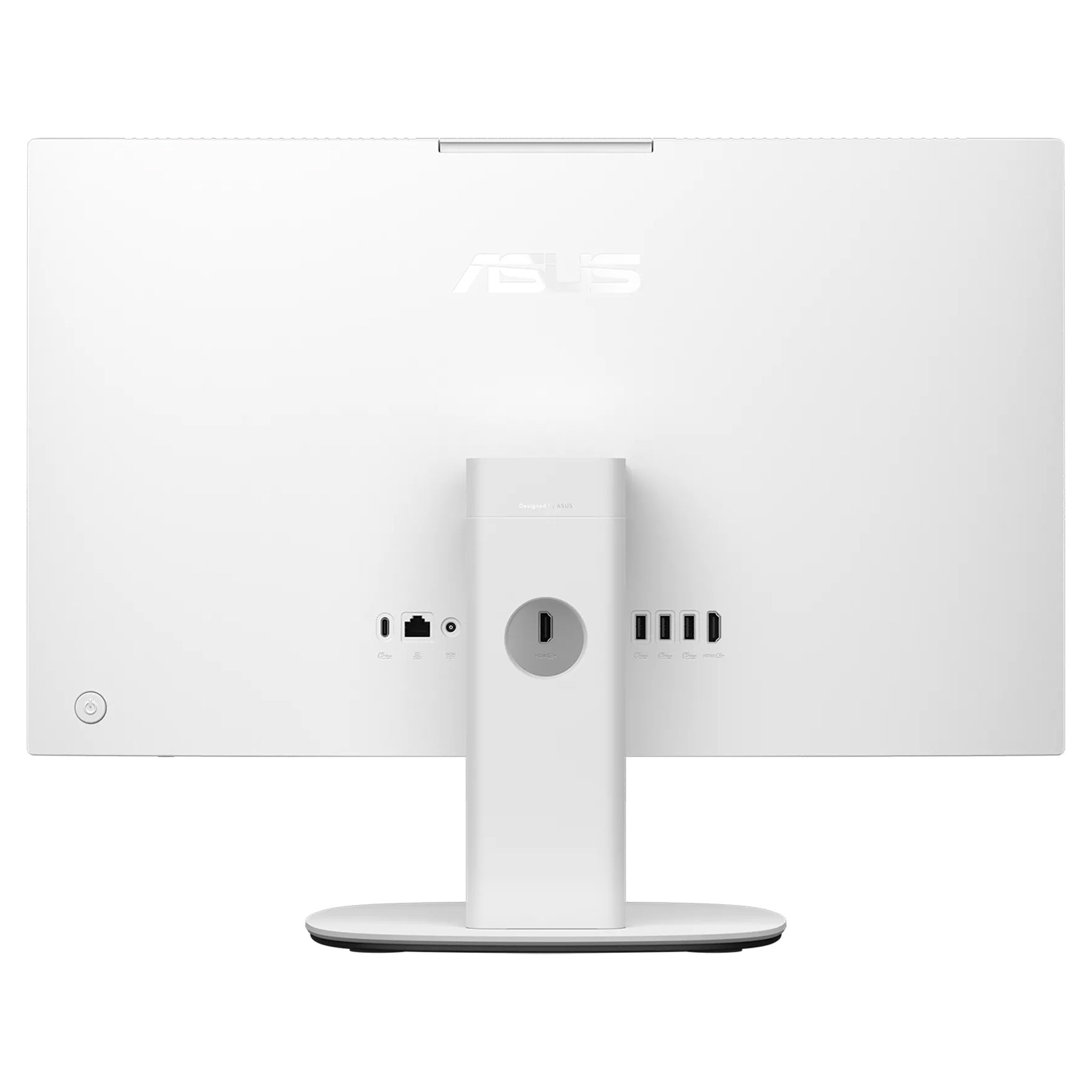 Bağlantı noktaları ve standı olan beyaz bir ASUS hepsi bir arada bilgisayarın arkası.