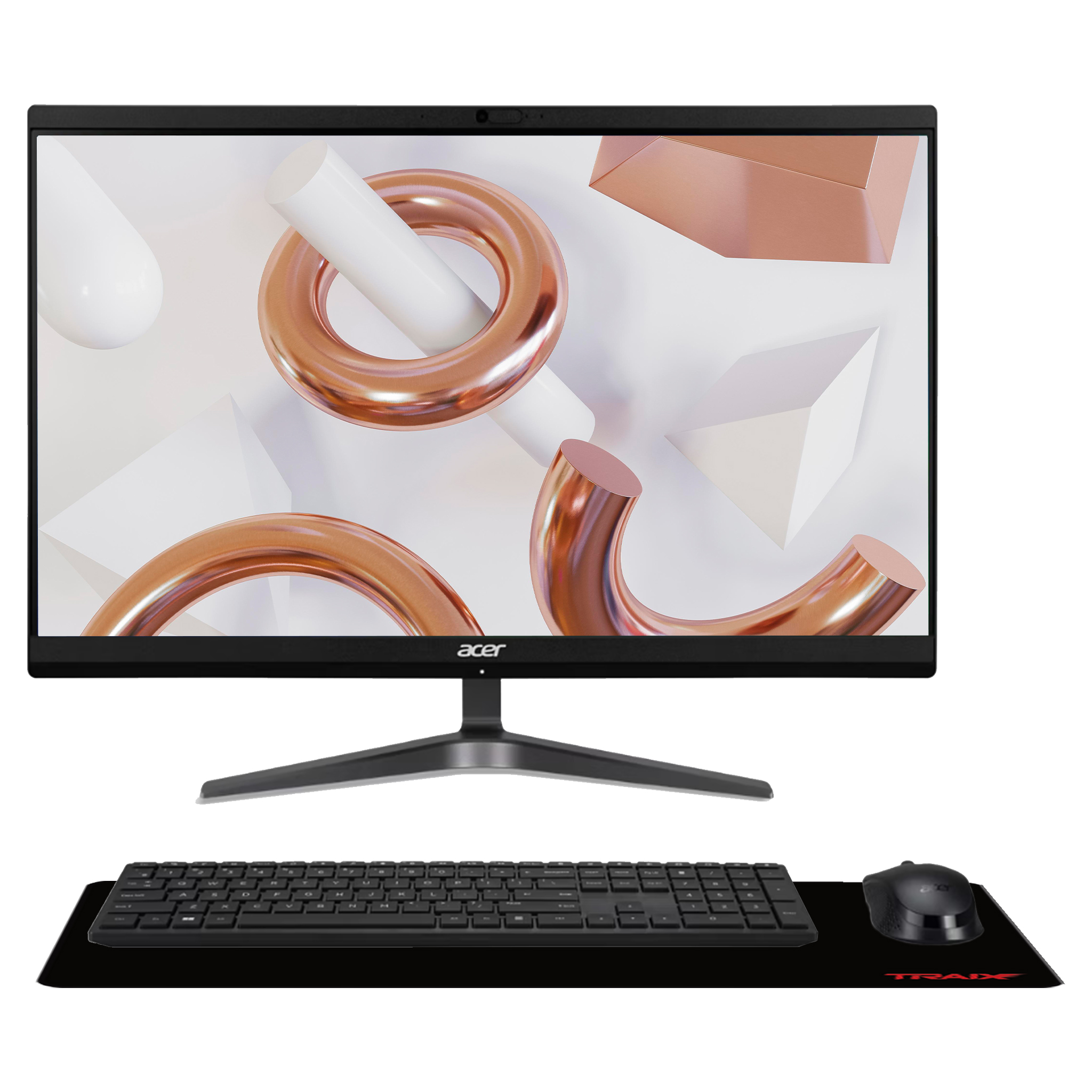 Klavye, fare ve altlık içeren Acer hepsi bir arada bilgisayar. Ekranda soyut şekiller.