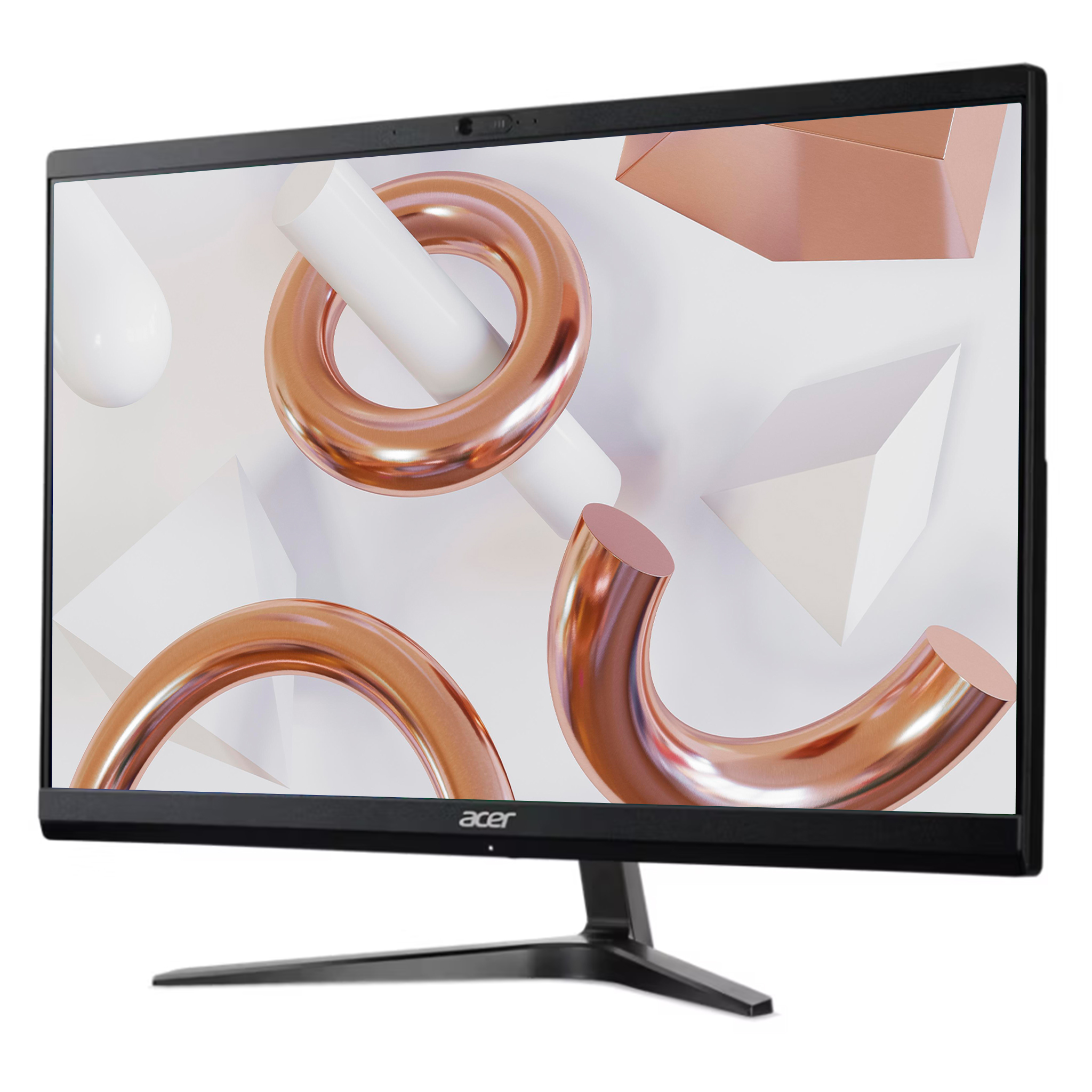 Acer monitör soyut 3B şekiller gösterir: bakır halkalar, beyaz silindirler, geometrik biçimler.