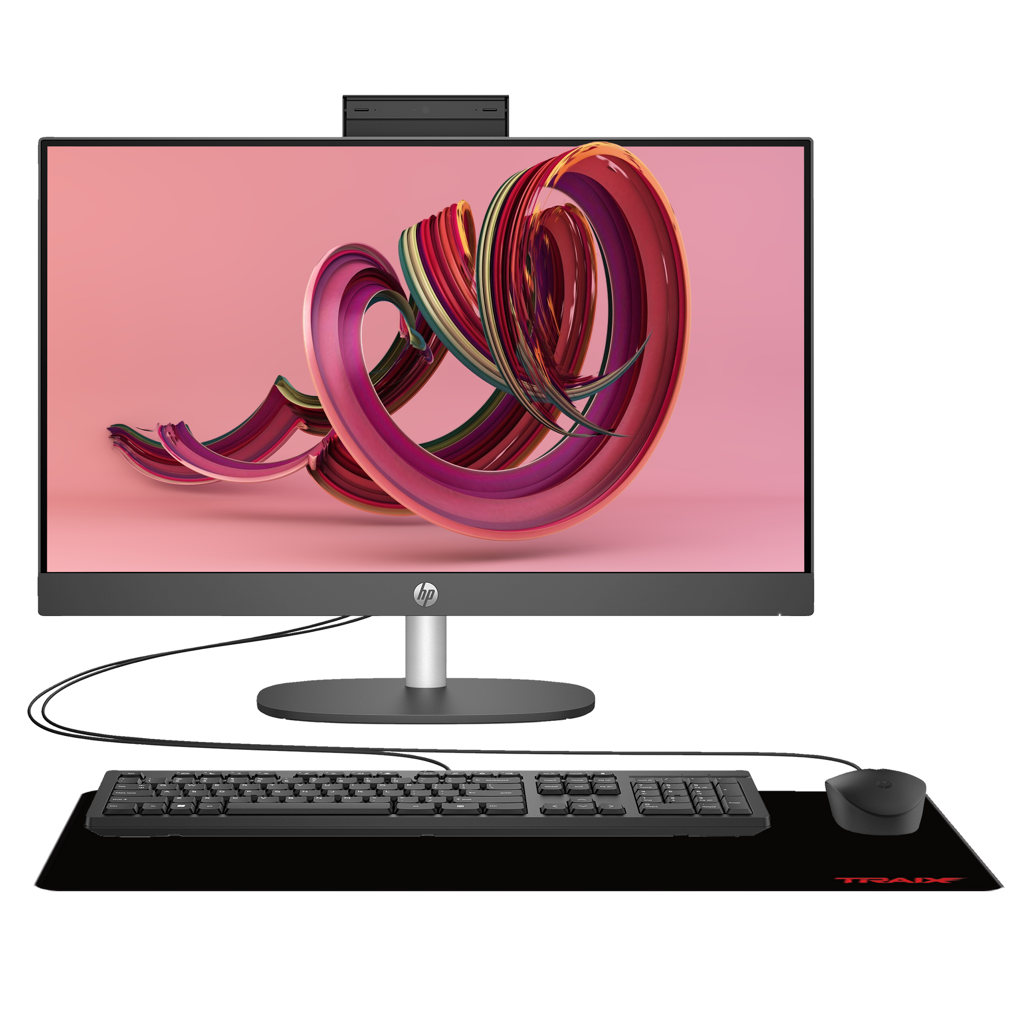 Pembe arka plan üzerinde klavye, fare ve mousepad bulunan hepsi bir arada bilgisayar.