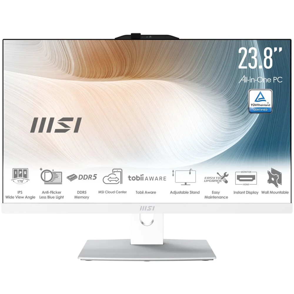 MSI logosu, IPS, DDR5, Tobii Aware, HDMI özellikli 23,8 inç Hepsi Bir Arada PC.