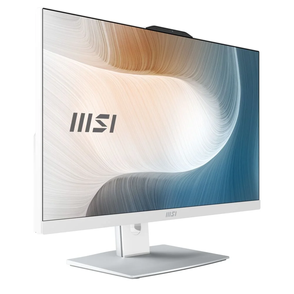 Üstte web kamerası ve gri stantlı beyaz bir MSI monitör. Ekran soyut dalgalar gösteriyor.