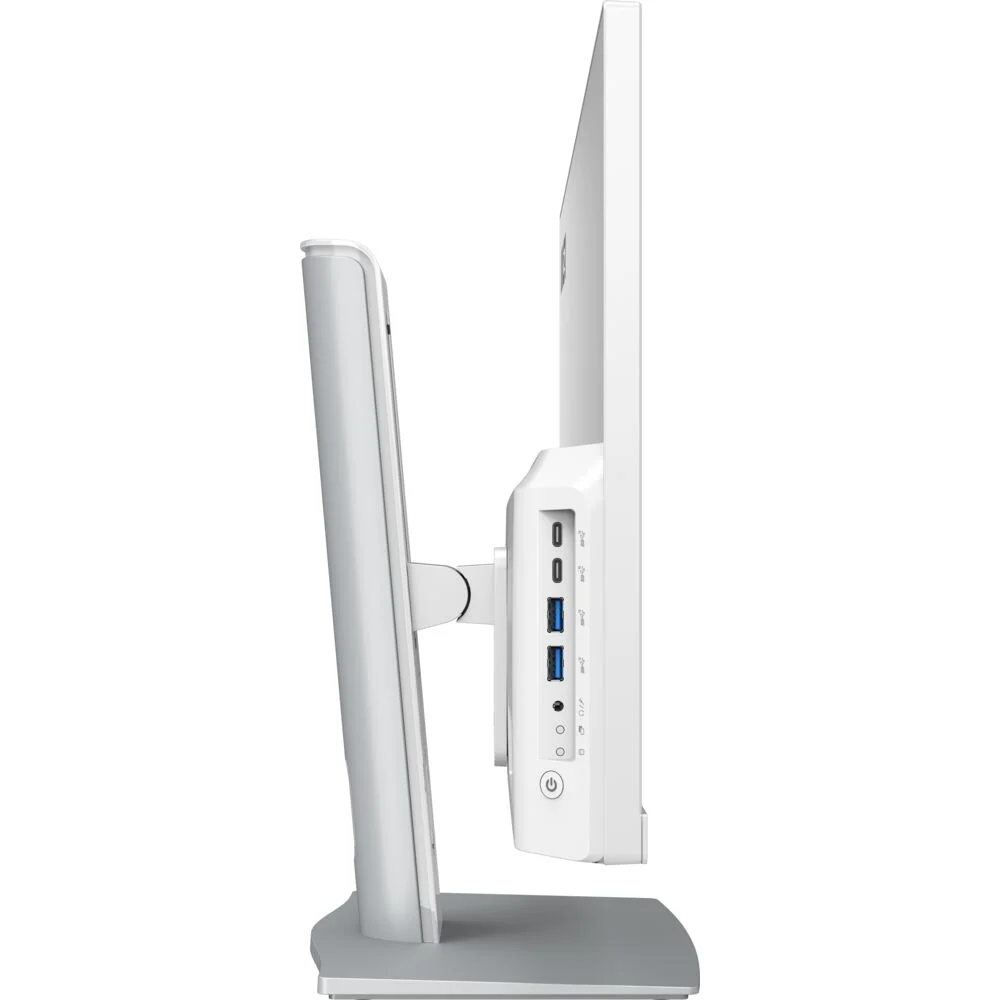 Bağlantı noktaları, USB bağlantı noktaları ve güç düğmesi olan beyaz monitör arkası.