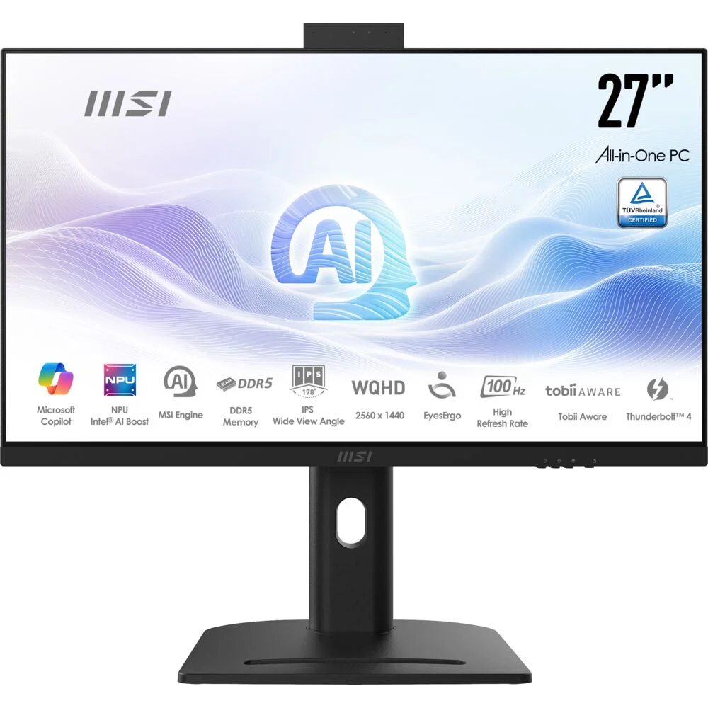 Yapay zeka özellikli, WQHD çözünürlüklü ve 100 Hz yenileme hızına sahip 27 inç Hepsi Bir Arada PC.