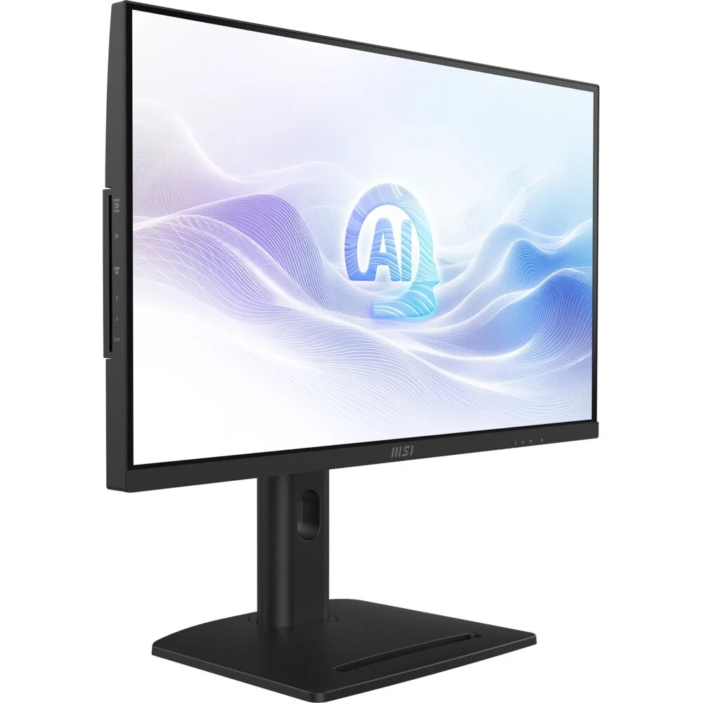 Ekranında yapay zeka logosu olan siyah MSI monitör, dalgalı soyut arka plan.