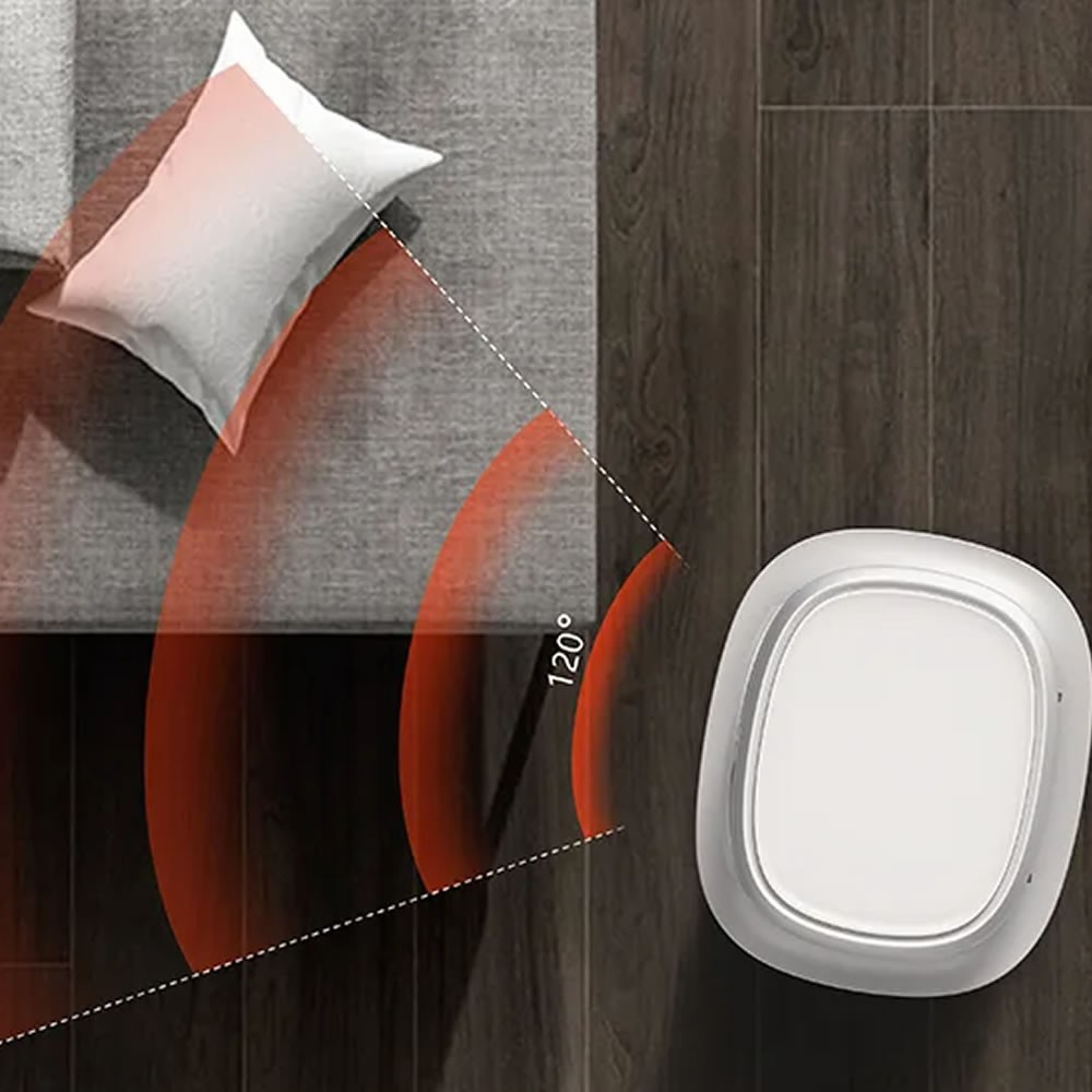 Beyaz bir cihaz, yastıklı bir kanepenin 120°'lik alanını ölçüyor.