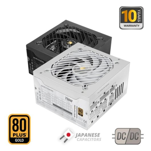 Dos fuentes de alimentación Mars Gaming de 750W, una blanca y otra negra. 80 Plus Gold, 10 años.