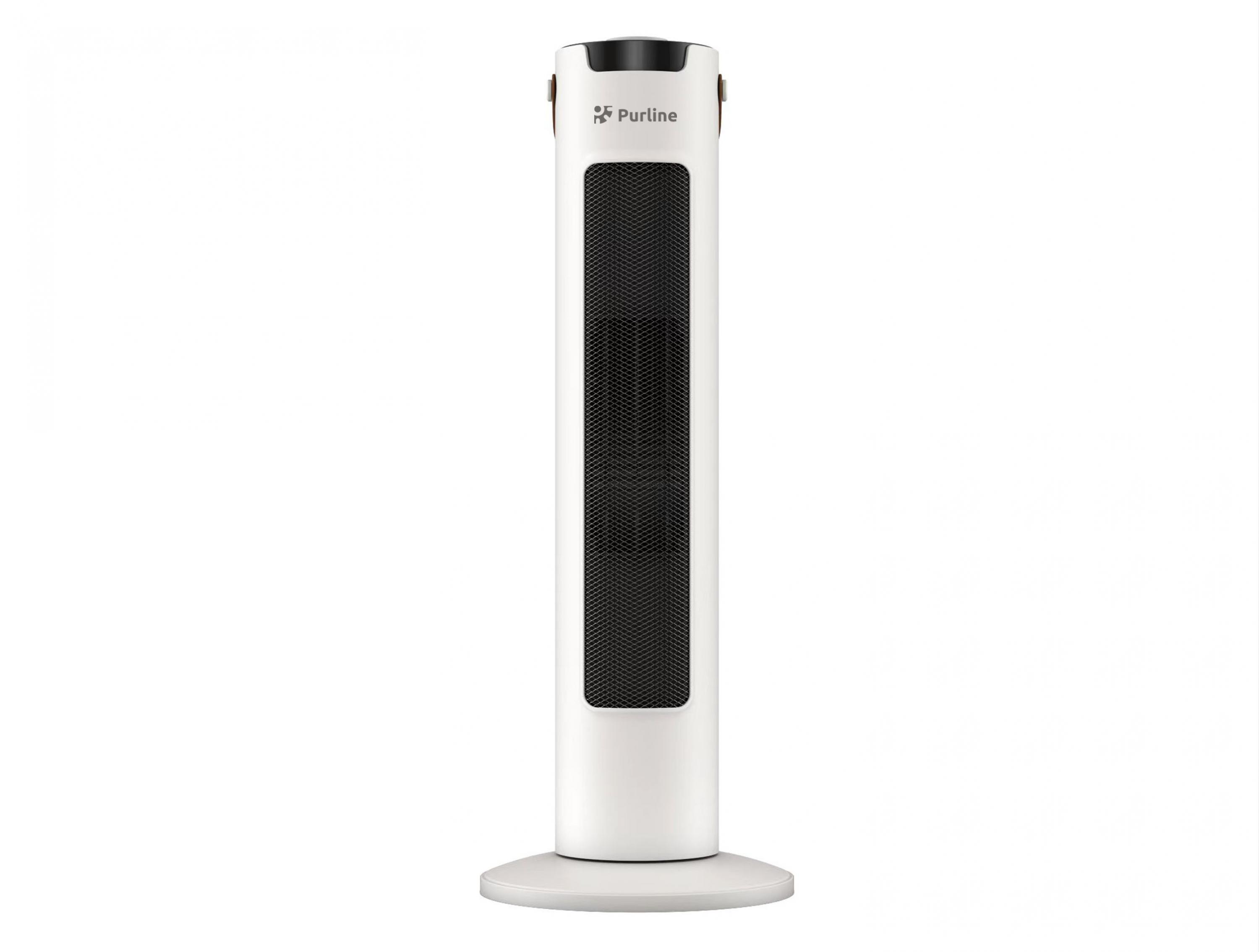 Un ventilador de torre blanco con rejilla negra y el logo de Purline.