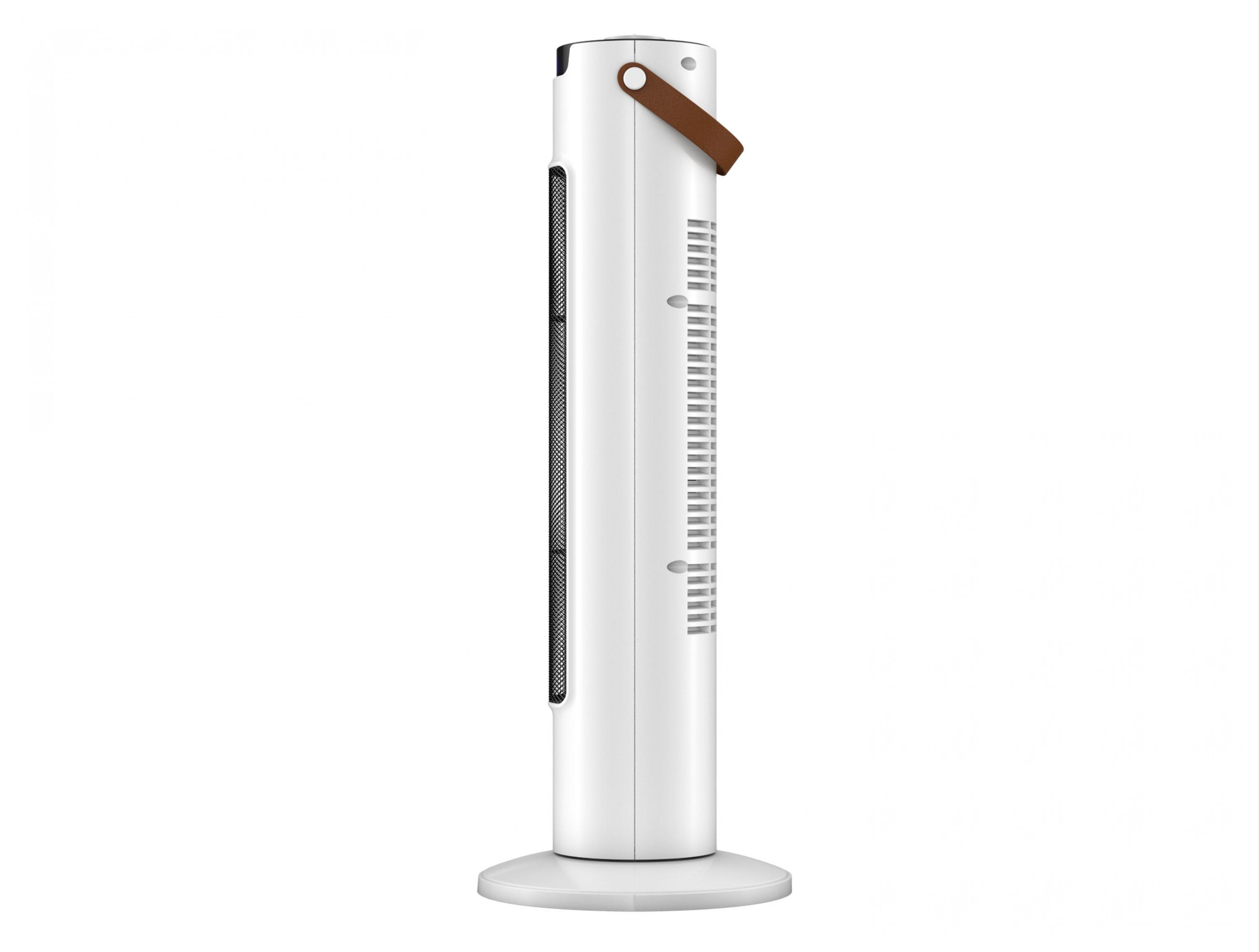Un ventilador de torre blanco con asa marrón sobre base redonda.