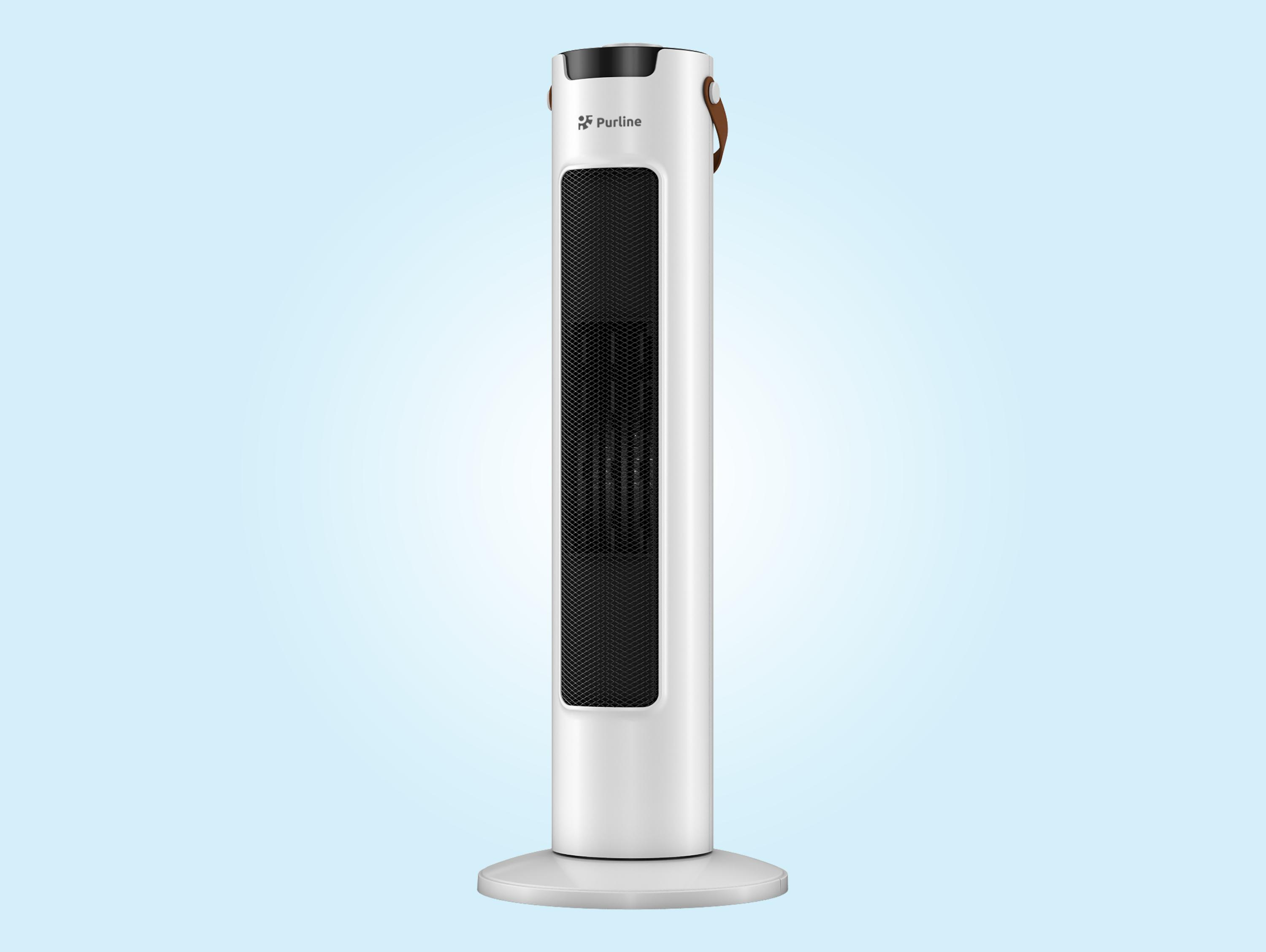 Un ventilador de torre blanco y elegante con rejilla negra y asa marrón.