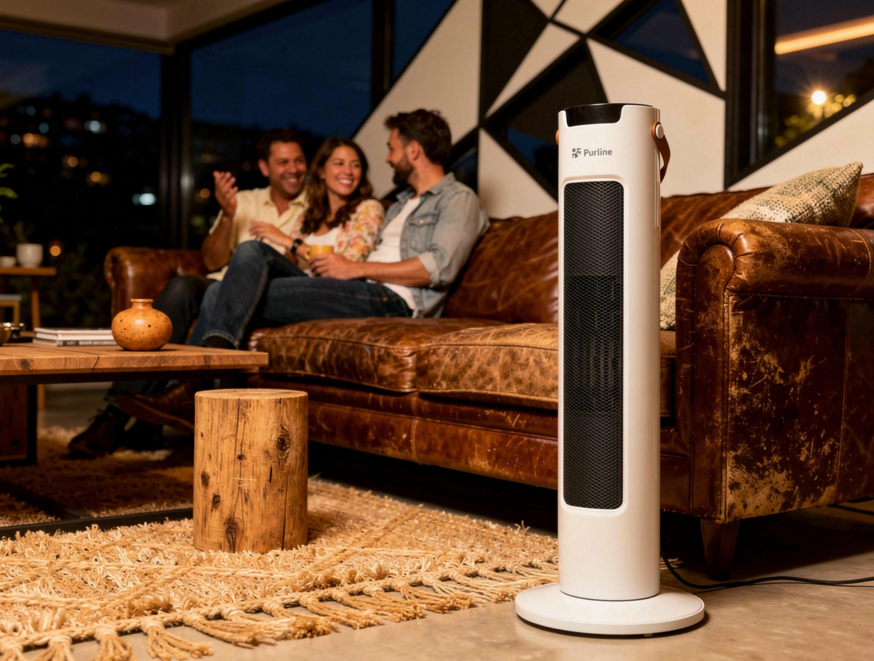 Un ventilador de torre blanco junto a un sofá de cuero marrón con tres personas sentadas en él.