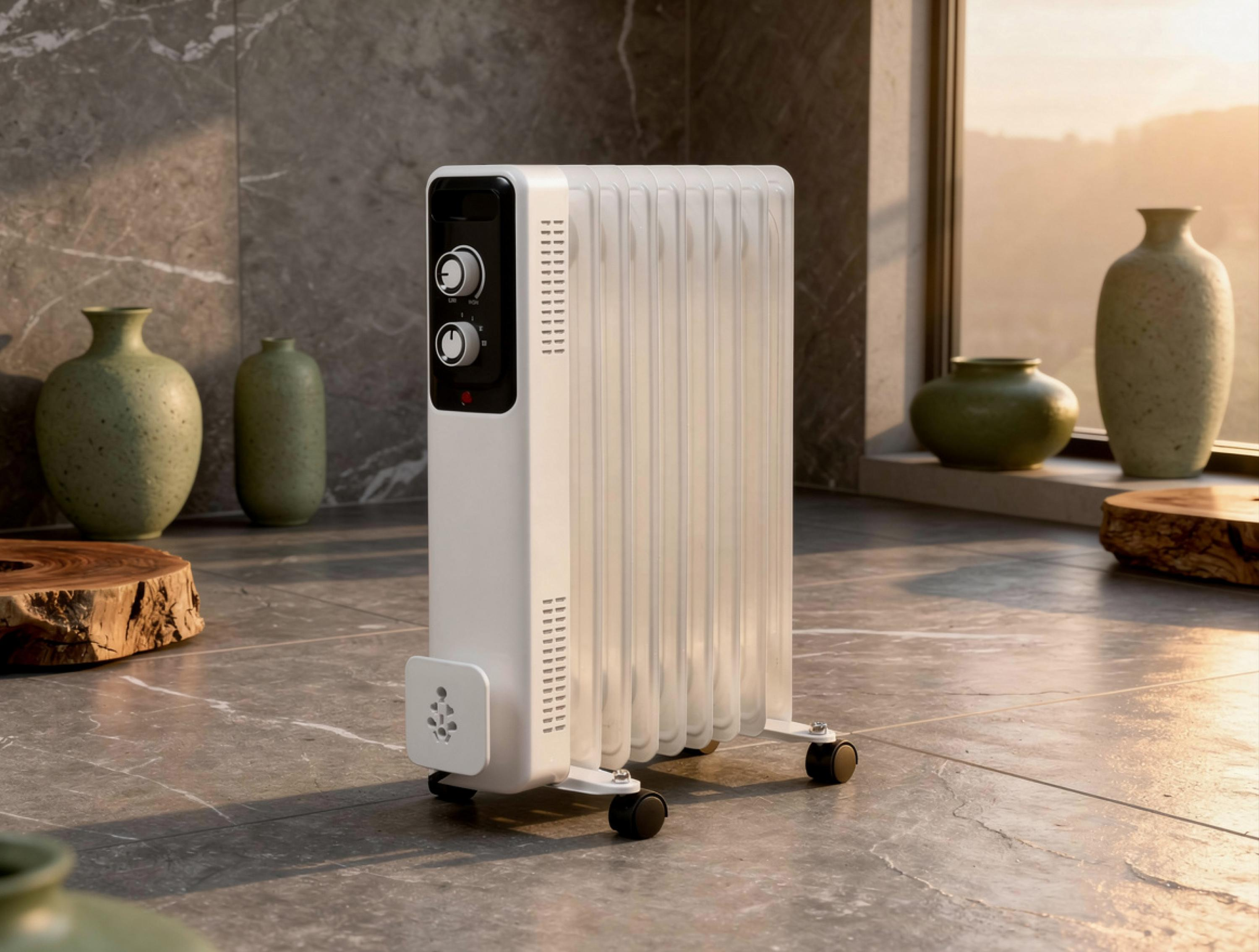 Ein weißer Ölradiator steht auf einem Marmorboden neben grünen Vasen.