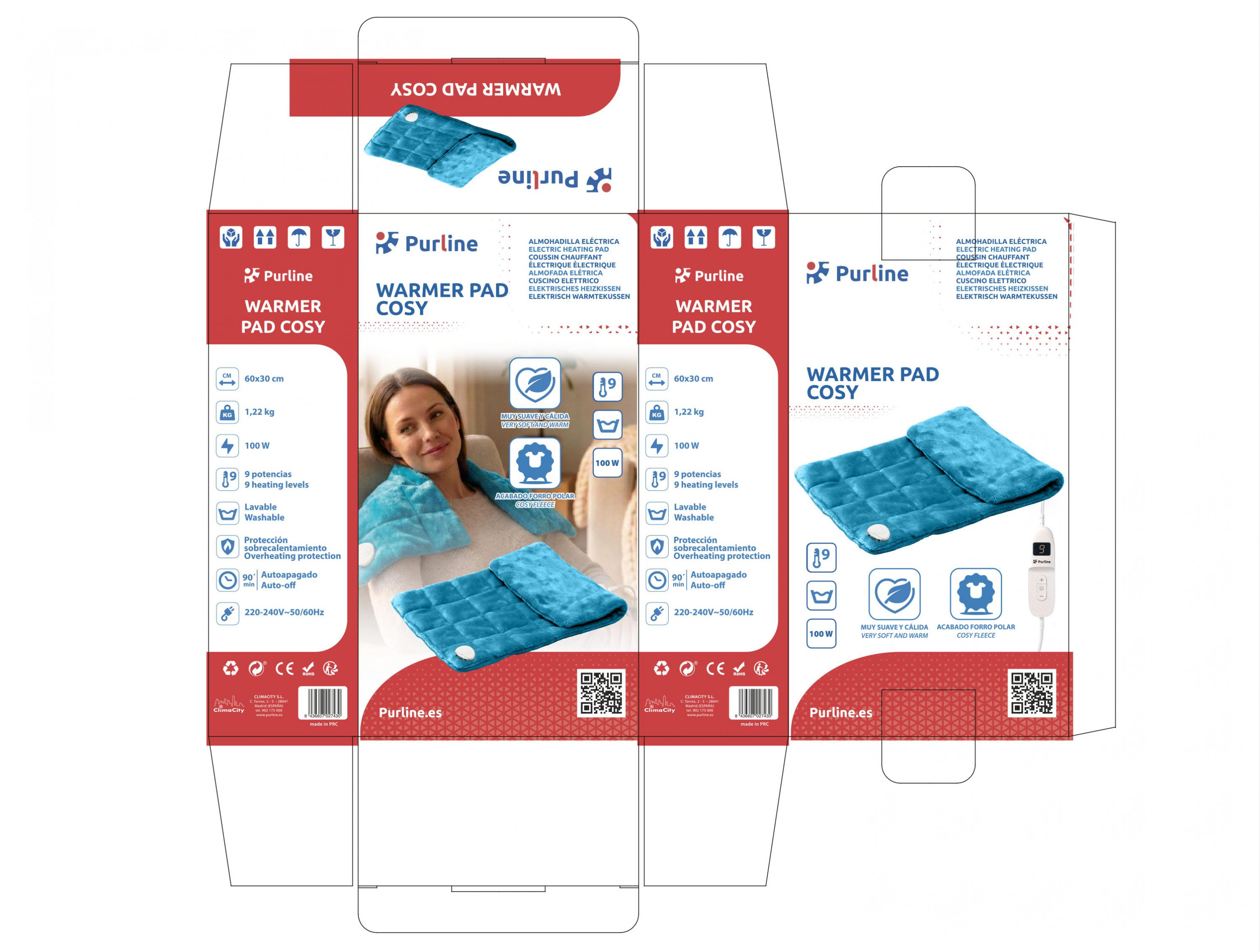 Caja para cojín térmico azul con info del producto y una mujer usándolo.