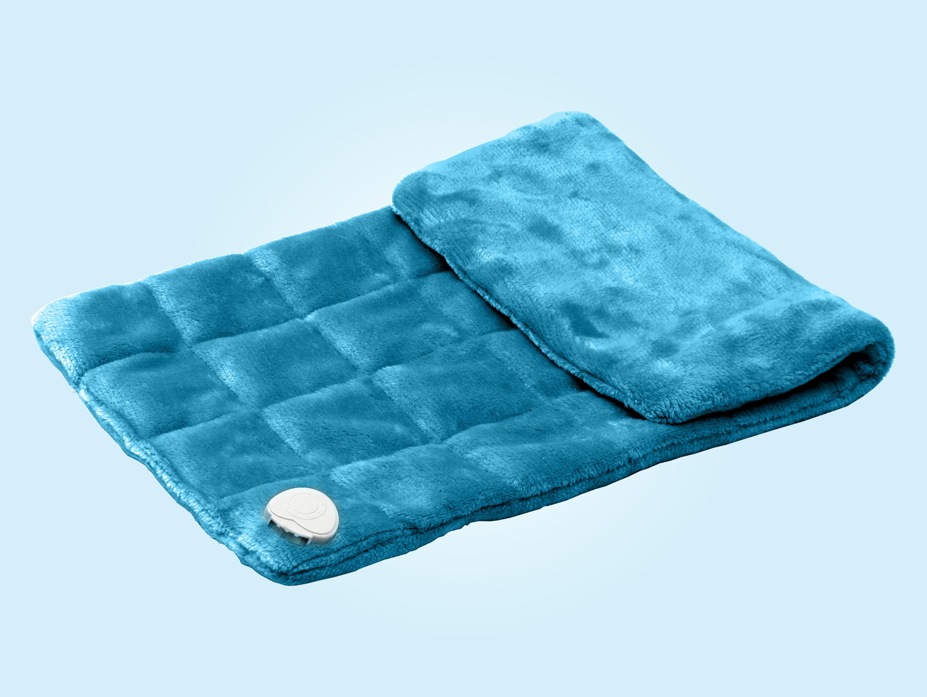 Una almohadilla térmica de color verde azulado con un control blanco sobre fondo azul claro.