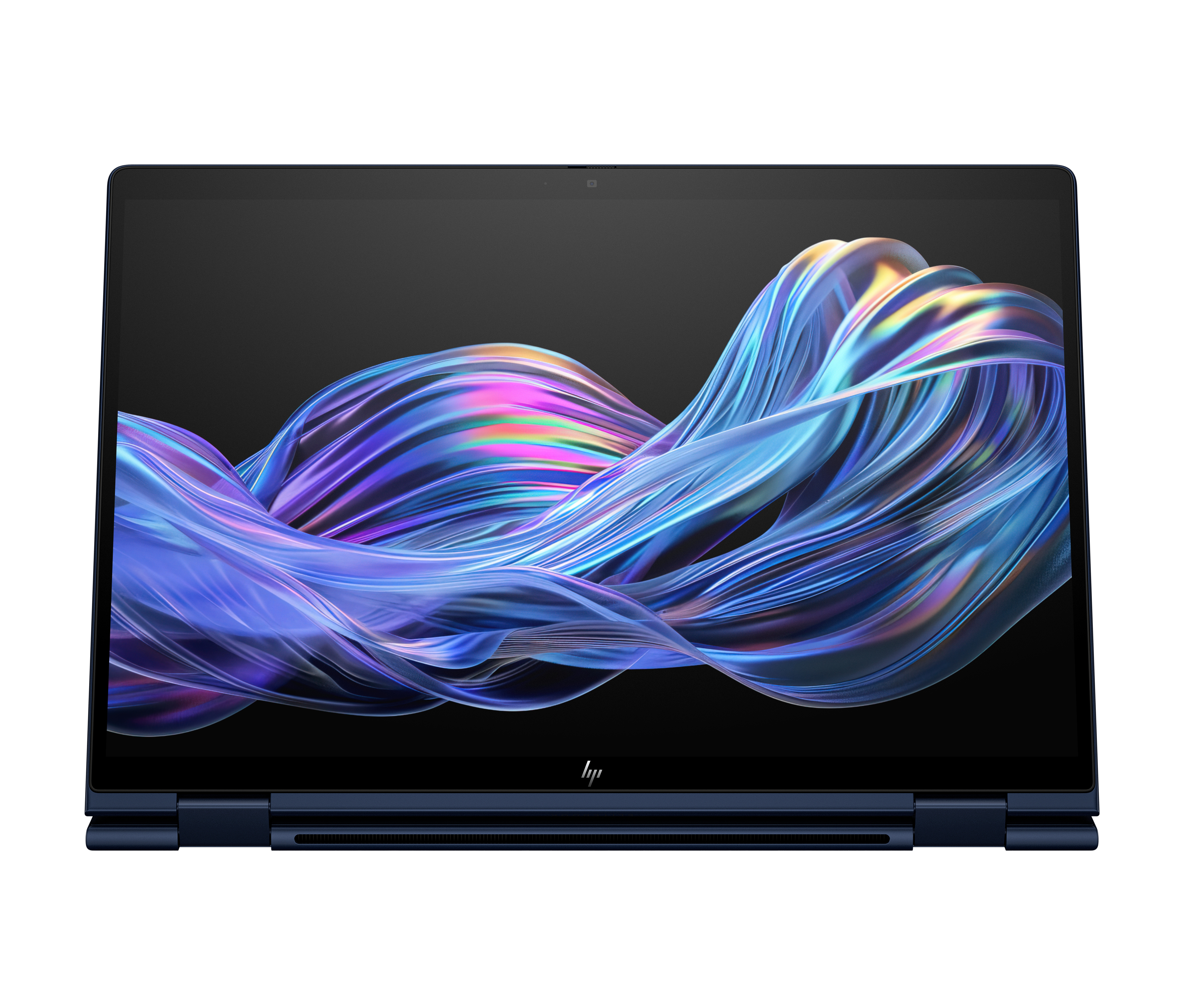 Un laptop blu aperto con uno sfondo desktop astratto e ondulato.