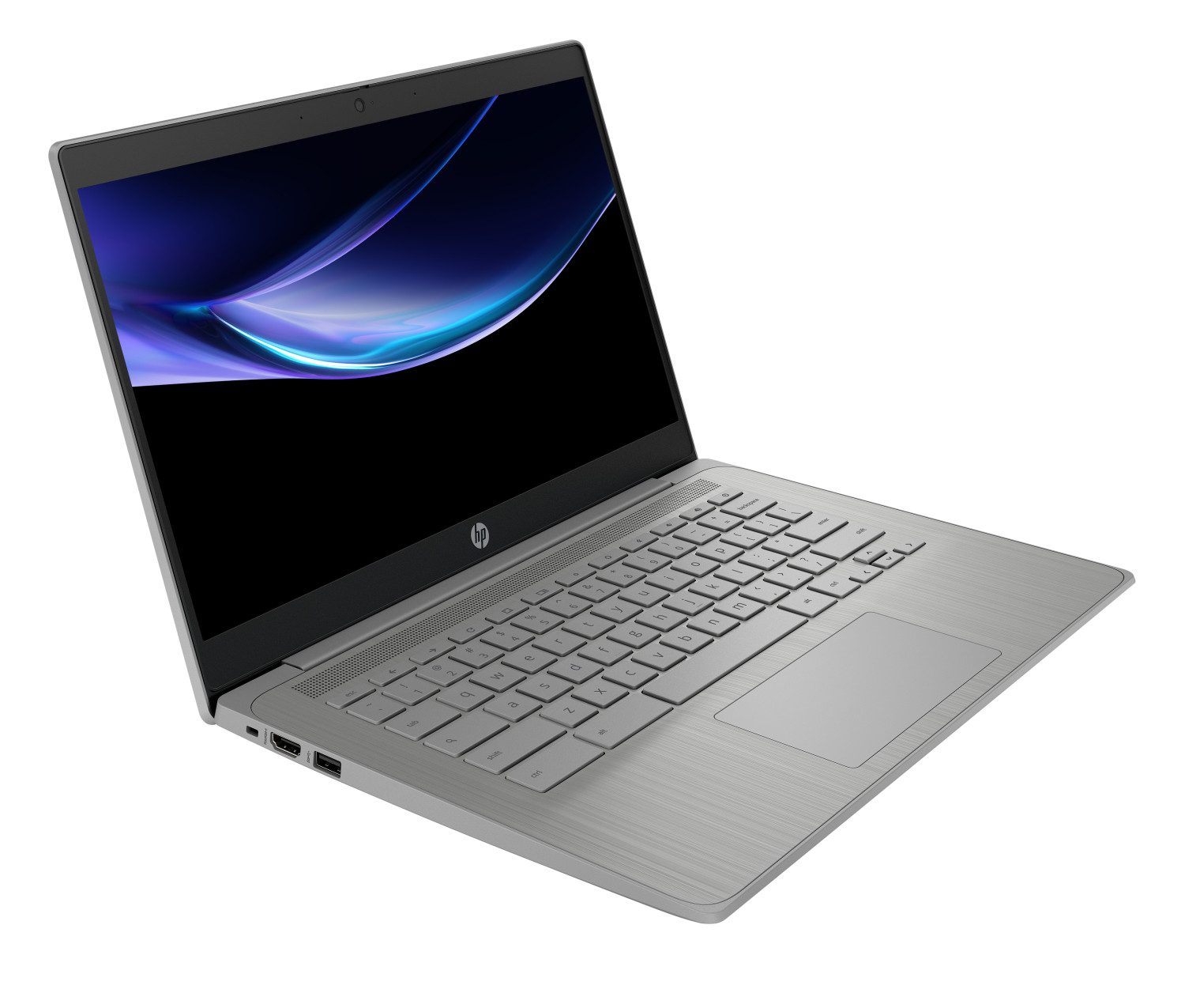 Un laptop HP argentato mostra uno schermo scuro con un motivo astratto blu e viola.