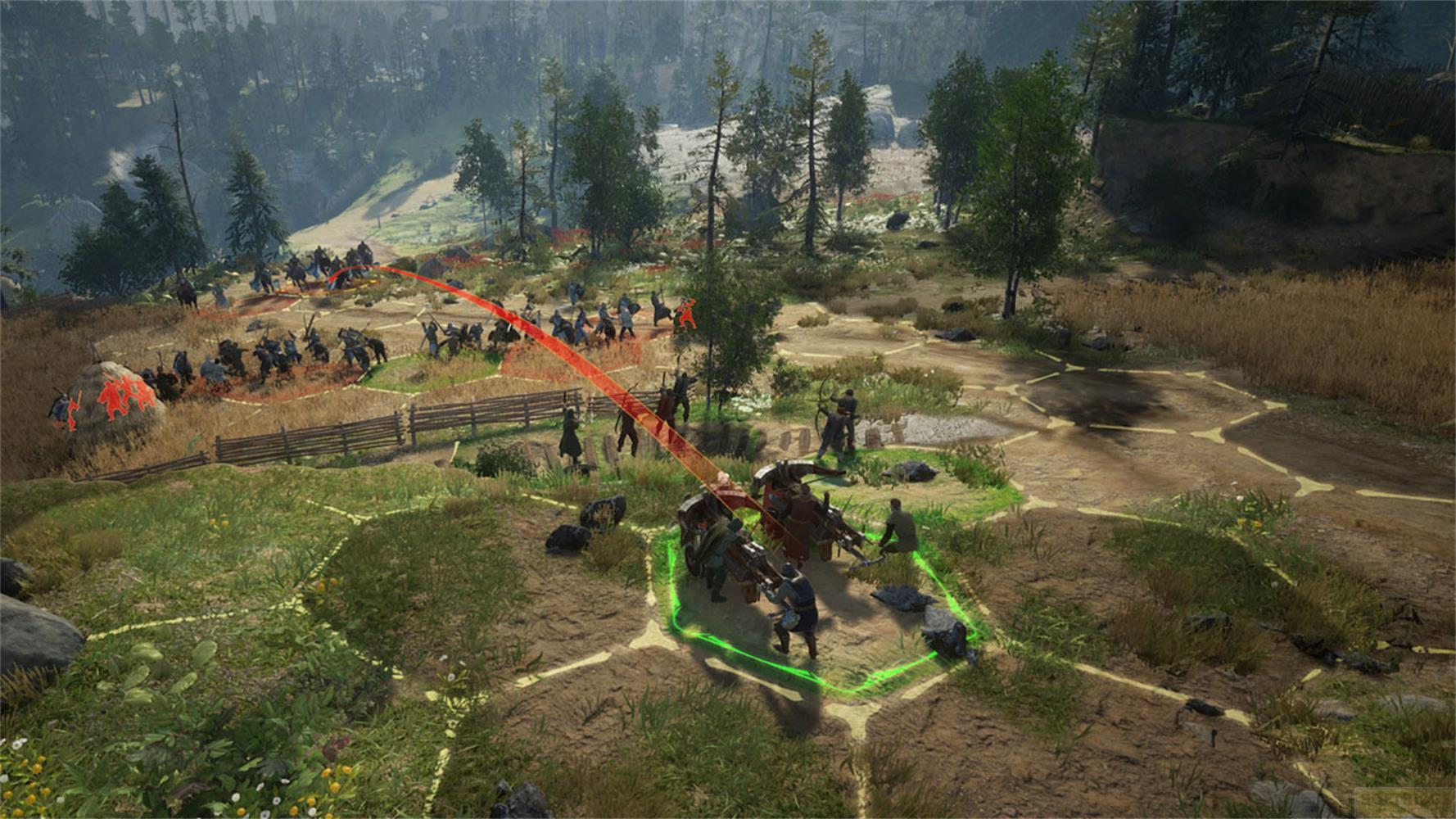 Ein strategisches Spiel mit mittelalterlichen Armeen in einer hügeligen Waldlandschaft.