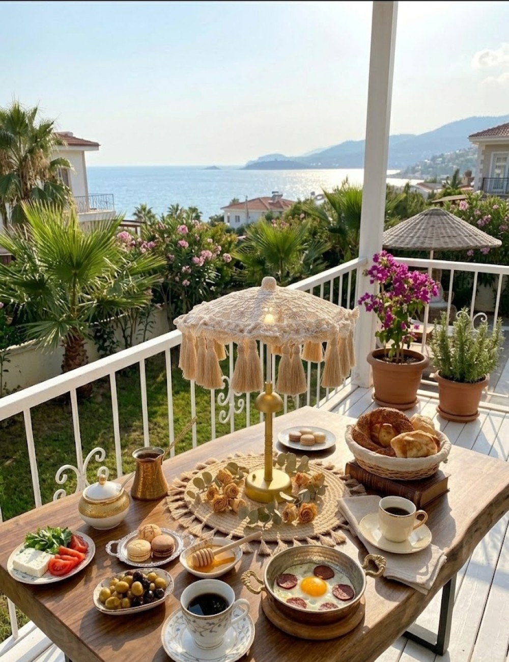 Deniz kenarında kahvaltı masası, yumurta, ekmek, kahve ve meyve içerir.