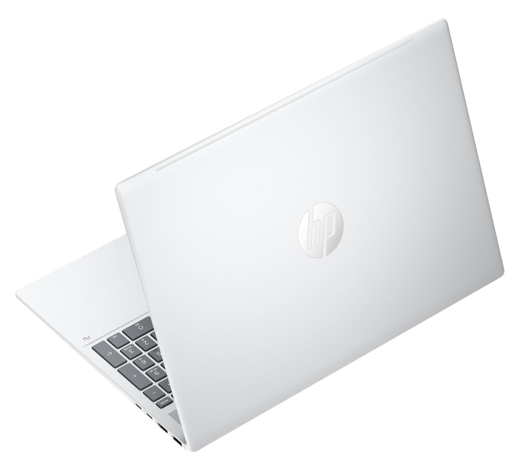 Un laptop HP bianco con tastiera e logo HP sul coperchio.