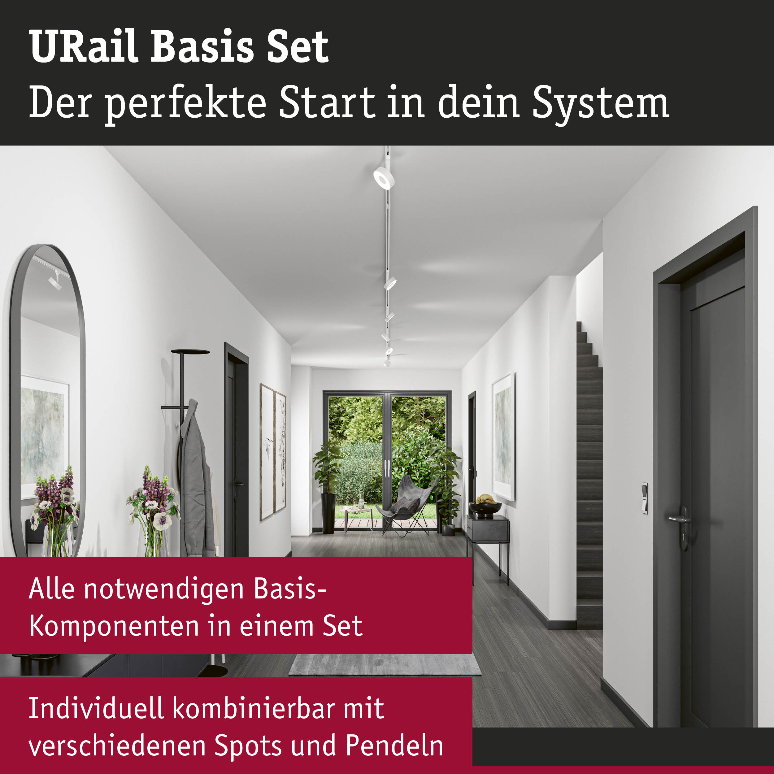 Moderner Flur mit URail System, Spiegel, Garderobe, Treppe und Gartentür.