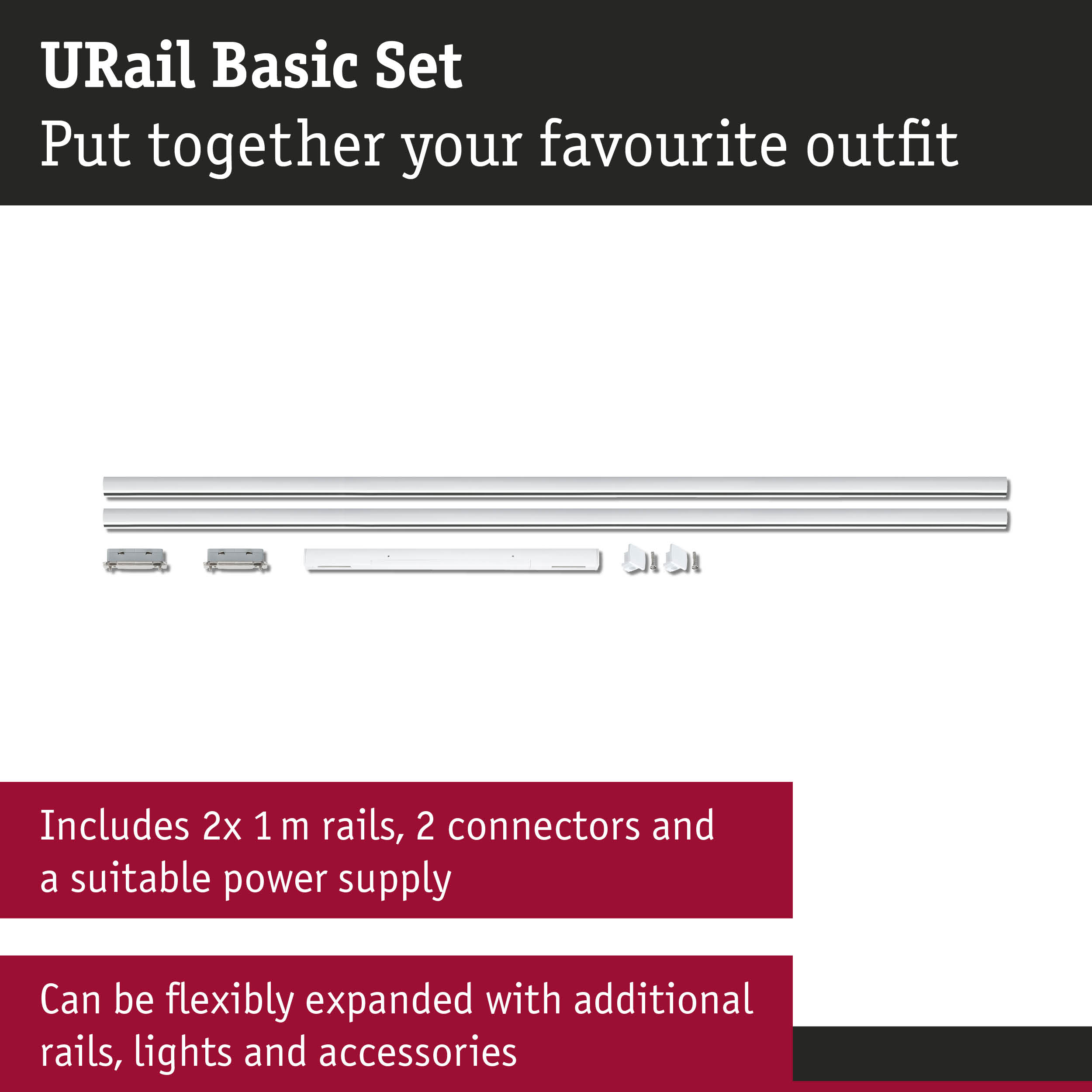 URail Basic Set: 2x 1m Schienen, 2 Verbinder, Netzteil. Erweit. m. Zubehör.