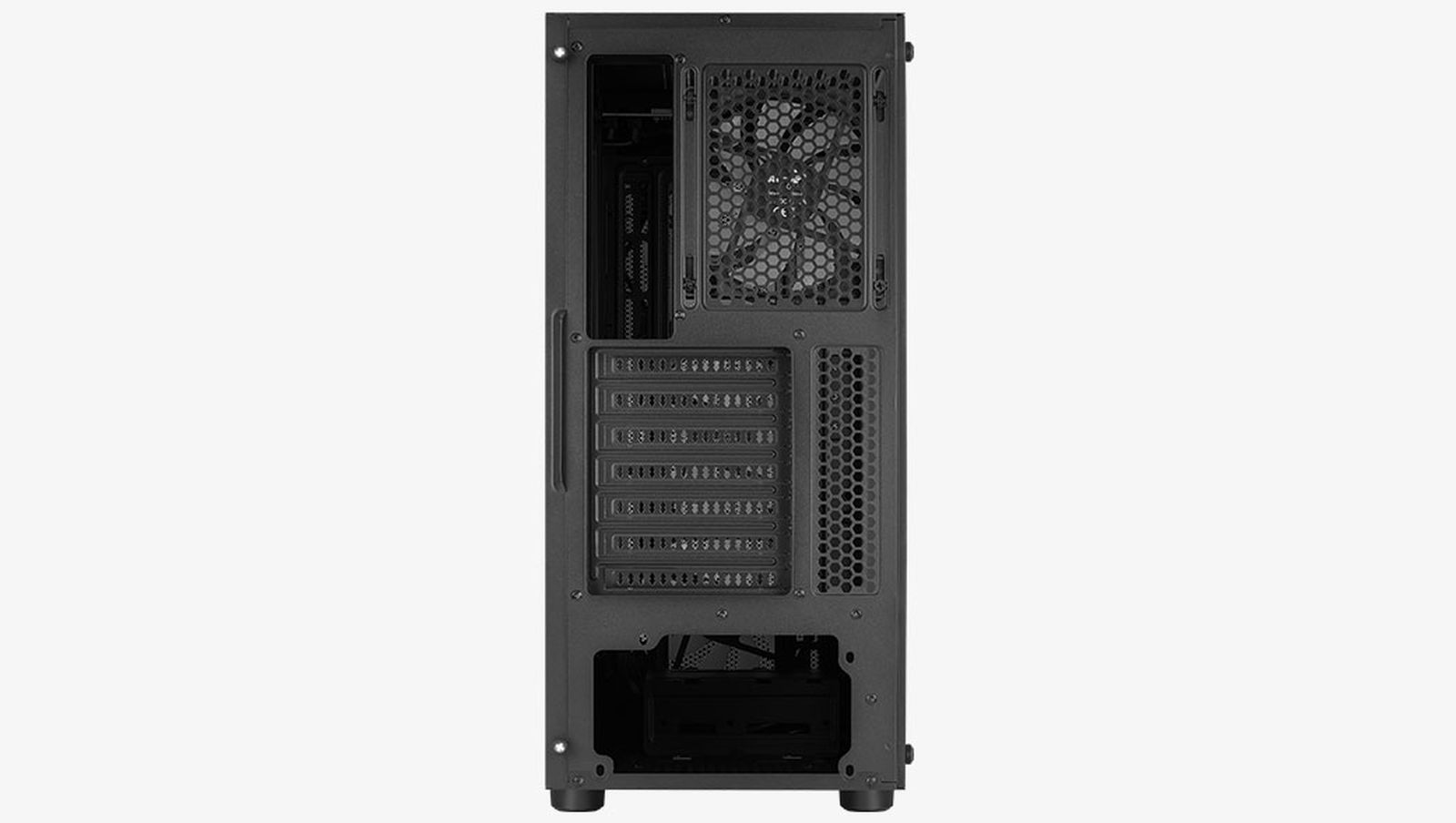 Retro di un case per computer nero con ventola e porte.