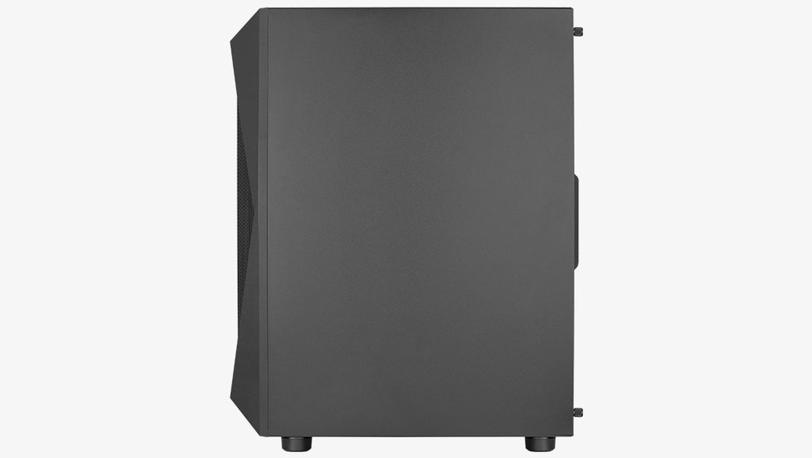 Vista laterale di un case per PC nero con piedini