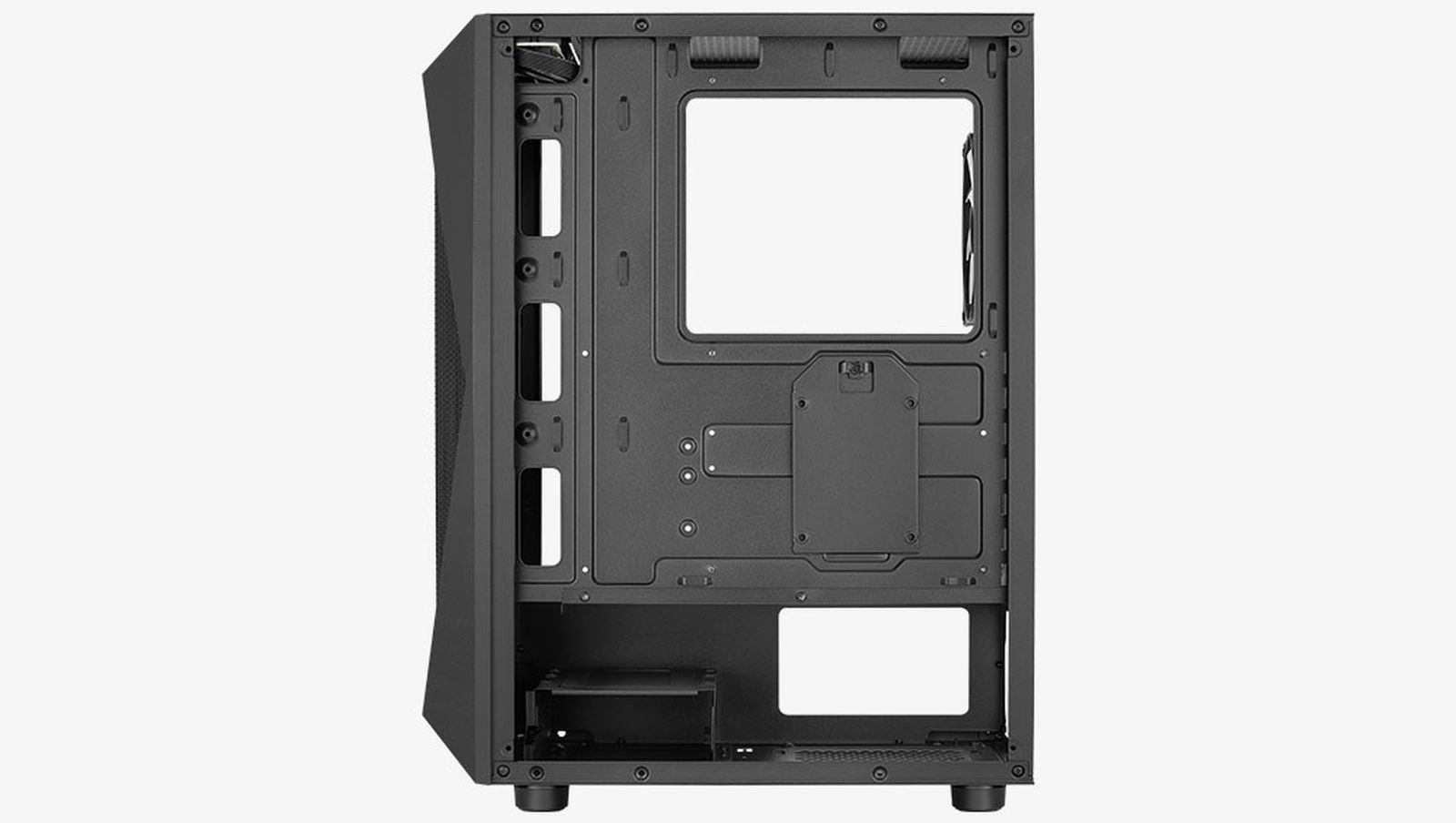Vista interna di un case per computer nero con pannelli laterali aperti. Punti di montaggio chiaramente visibili.