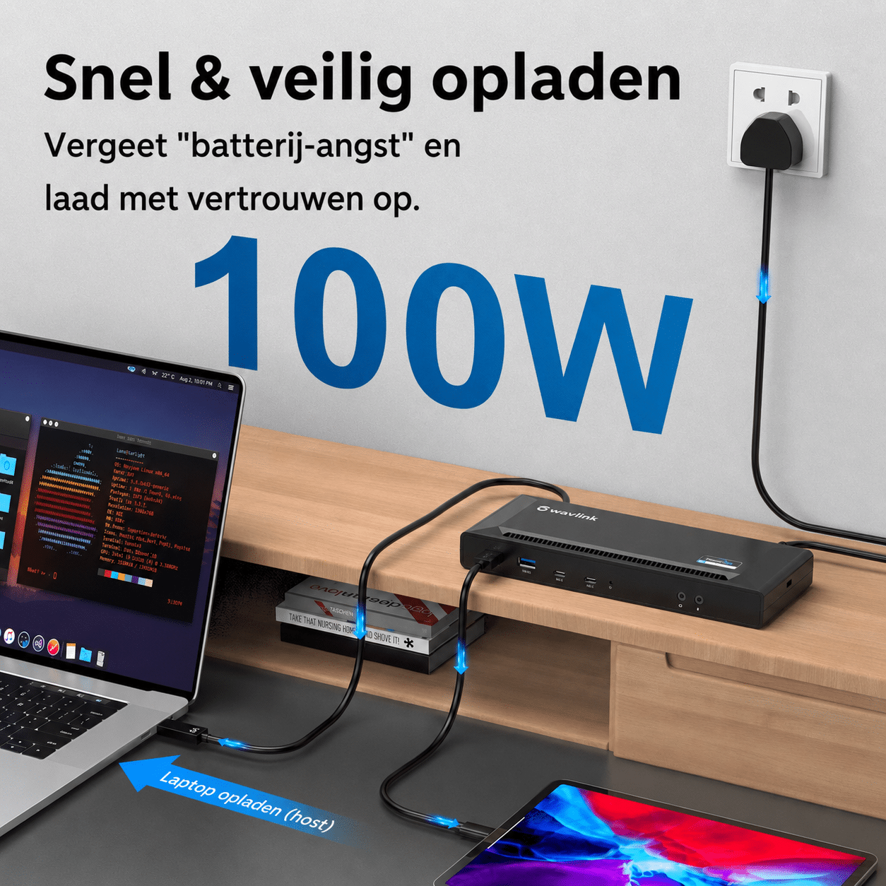 A laptop, tablet, and charging station are connected by cables. 100W is displayed.