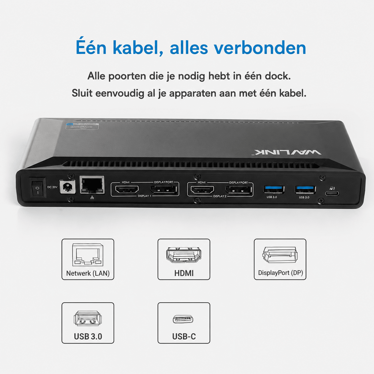 A dock with many ports: HDMI, DP, LAN, USB 3.0, USB-C.
