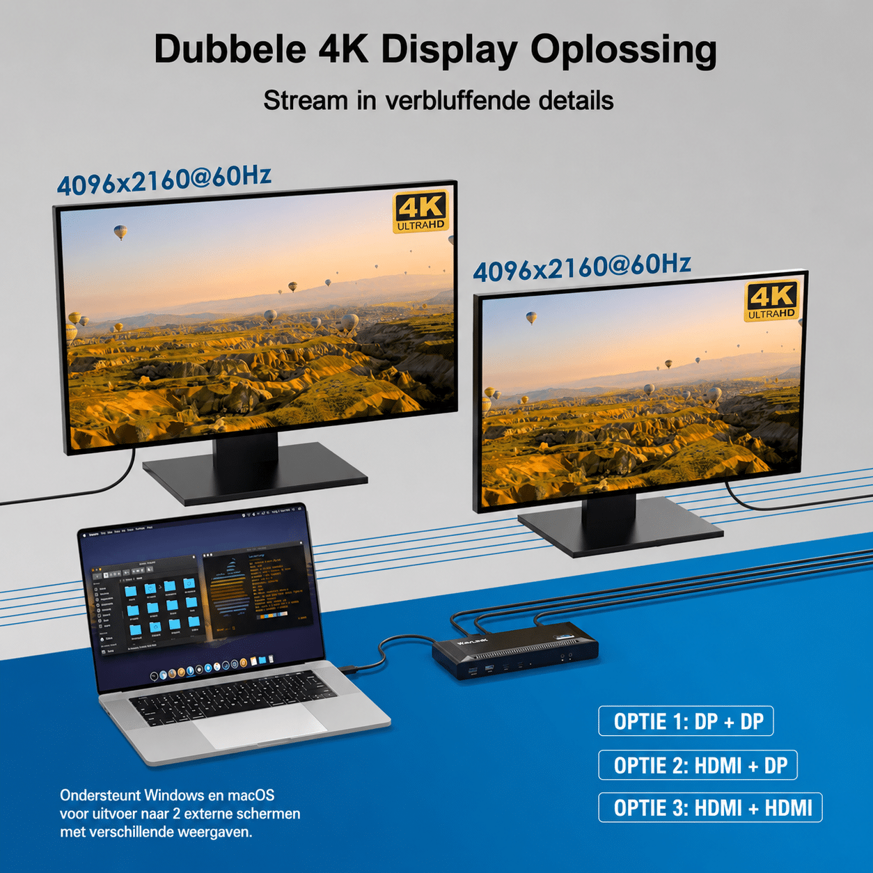 Two 4K displays, laptop, and docking station with hot air balloons in background.