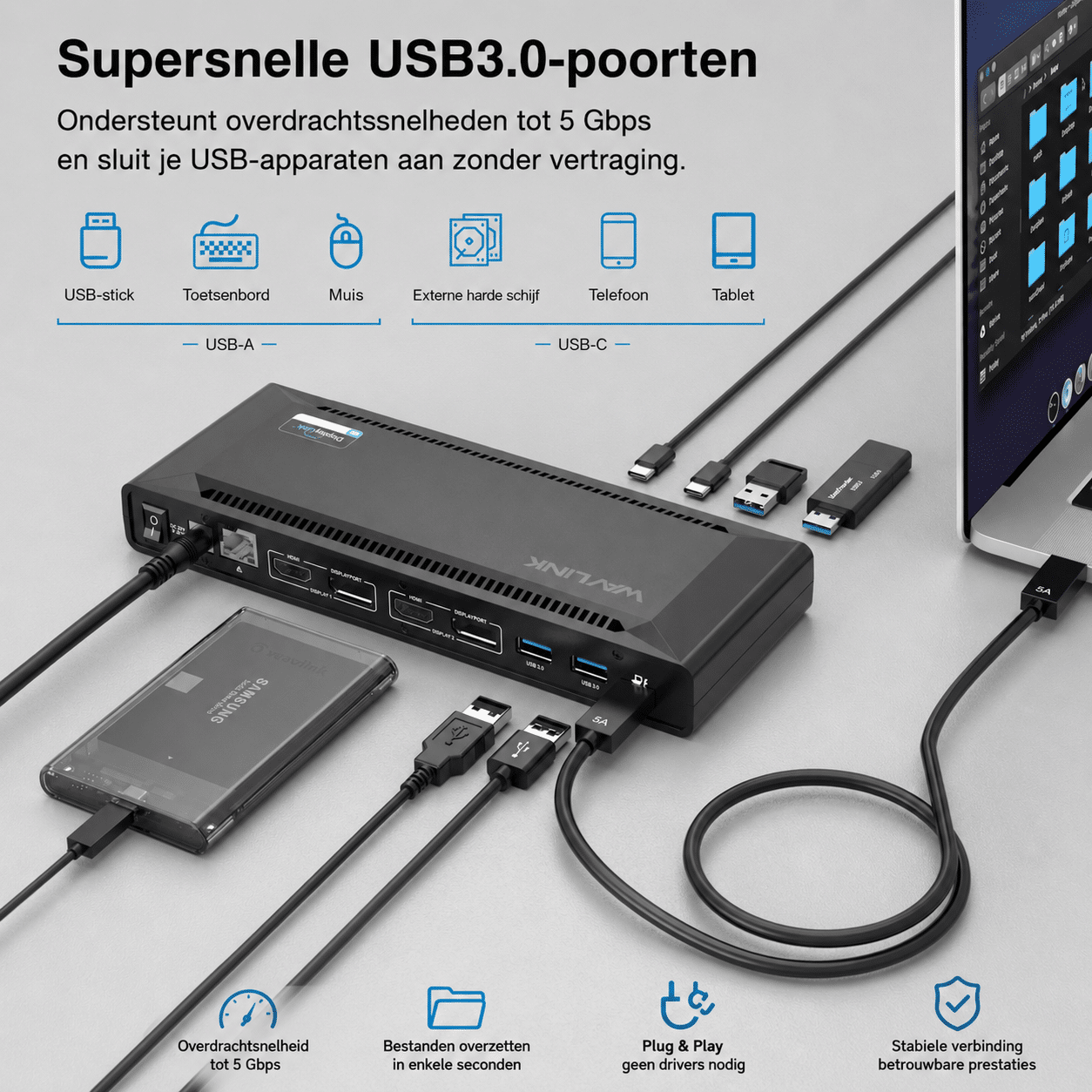 A black USB 3.0 hub connected to devices and a laptop.