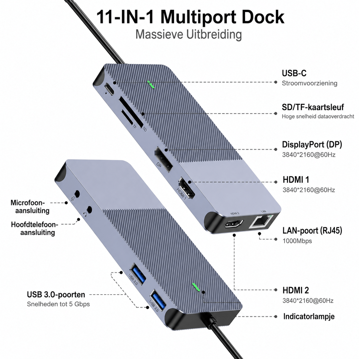 Een zilveren 11-in-1 multiport dock met diverse poorten, waaronder USB-C, HDMI, DP en SD-kaartlezer.