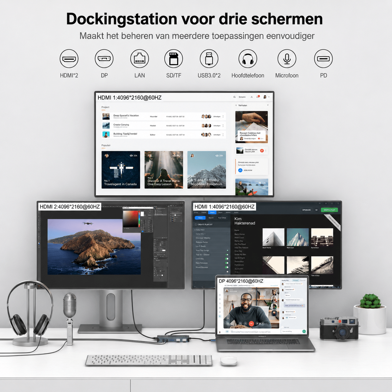 Een bureau-opstelling met drie monitors die diverse applicaties, koptelefoon en microfoon tonen.